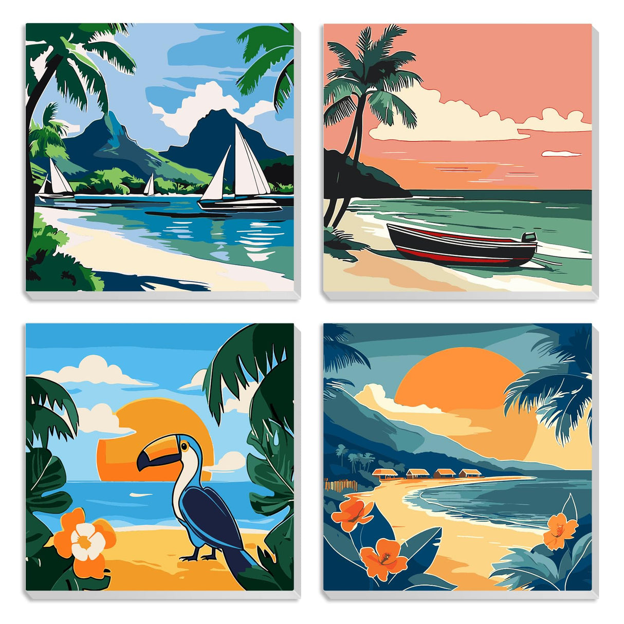 MXJSUA 4 Pack Beach Sea View Paint by Numbers Kit with Framed Canvas for Ages 6-12 Kids, Paint by Numbers Kits for Adult Beginners, Acrylic Oil Painting for Home Wall Decor Gift (8x8 inch) MXJSUA