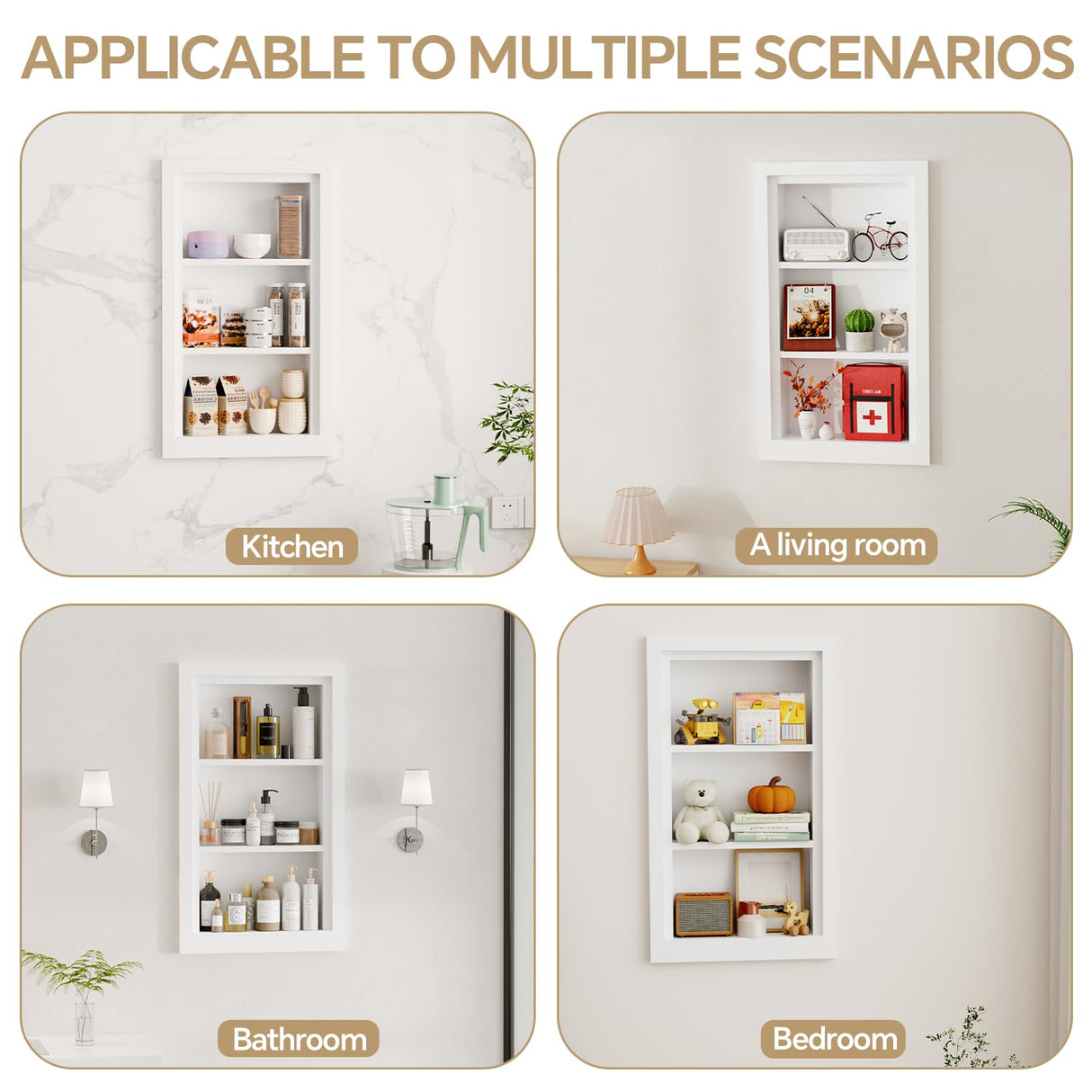 Solid Wood 14 X 24 Recessed Medicine Cabinet,3-Tier, Medicine Cabinet Organizer,Wall Niche, Bathroom Wall Cabinet, Recessed Bathroom Cabinet,recessed Wall Cabinet, Bathroom Cabinet With Storage, White BPMFDTNL