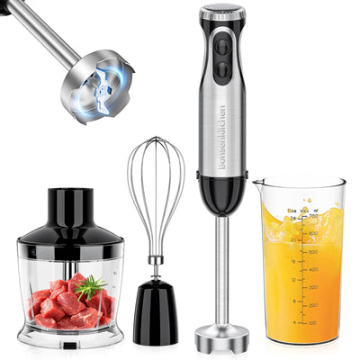 Bonsenkitchen Immersion Blender, 20 Variable Speeds & Turbo, 4-In-1 Stainless Steel Handheld Blender Stick Mixer with Egg Whisk, Beaker & Chopper Bowl