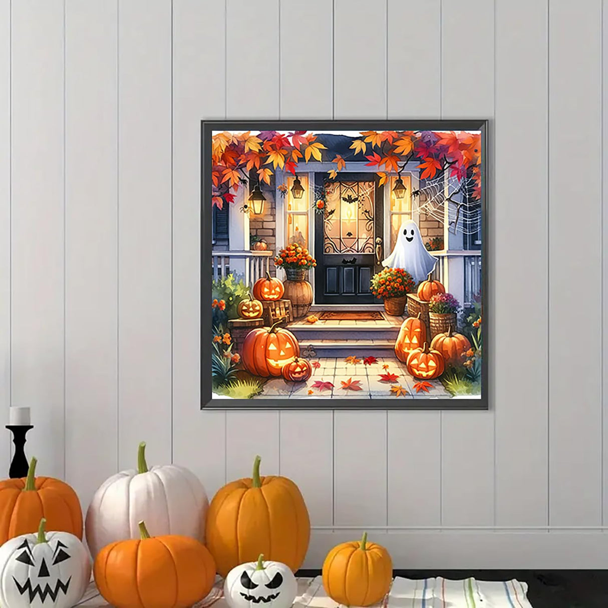 Autumn Pumpkin Ghost Leaf Diamond Art Kits for Adults, 5D Diamond Painting Kits for Adults Beginners, DIY Full Round Drill Diamond Dot Painting Gem Art Kits for Adult, Home Wall Decor 13.8x13.8 Inch VCLKDIY