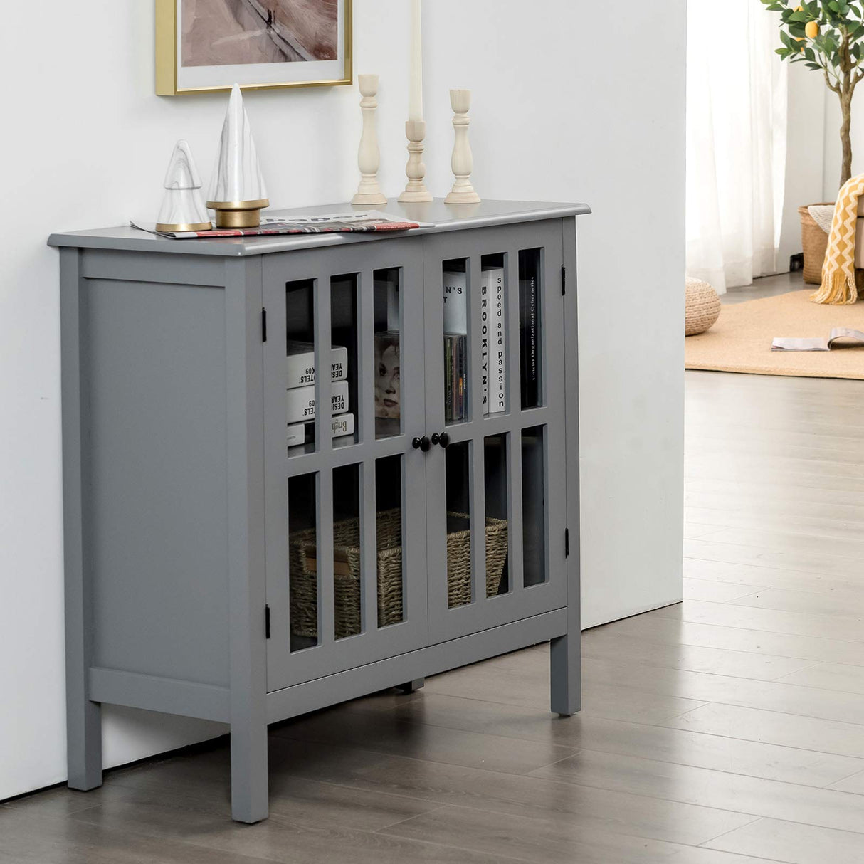 Tangkula Sideboard Buffet Storage Cabinet, with 2 Glass Doors, Liquor Curio Cabinet for Home Kitchen Dining Room, Cupboard Console Table (Grey) Tangkula