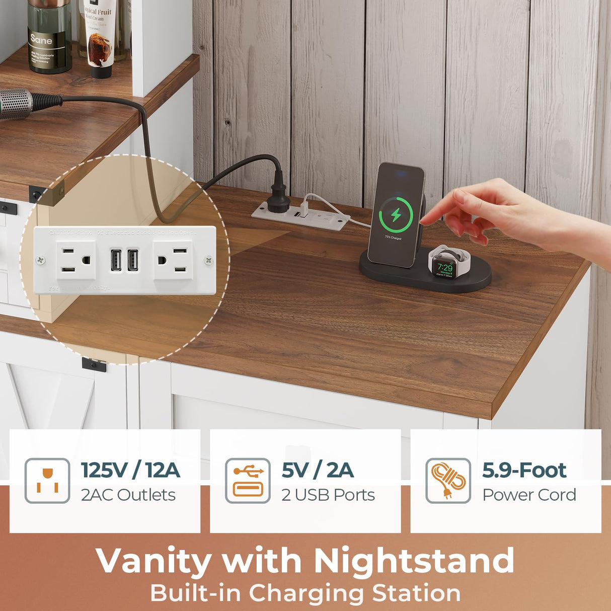 Hasuit Farmhouse Makeup Vanity Desk with Hollywood Makeup Mirror, 56.5" Large Vanity Desk with Charging Station, Vanity Table with Open Shelves & 5 Drawers & 2 Cabinets for Bedroom, Lights Adjustable Hasuit