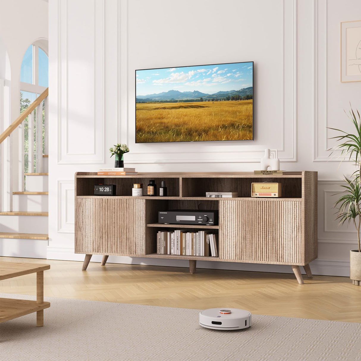 Algglobuy Farmhouse TV Stand for 65 Inch, TV Stands for Living Room with Sliding Doors and Adjustable Shelf, Entertainment Center with Storage Media TV Console Table for Bedroom (Sunwashed Ash Oak) Algglobuy