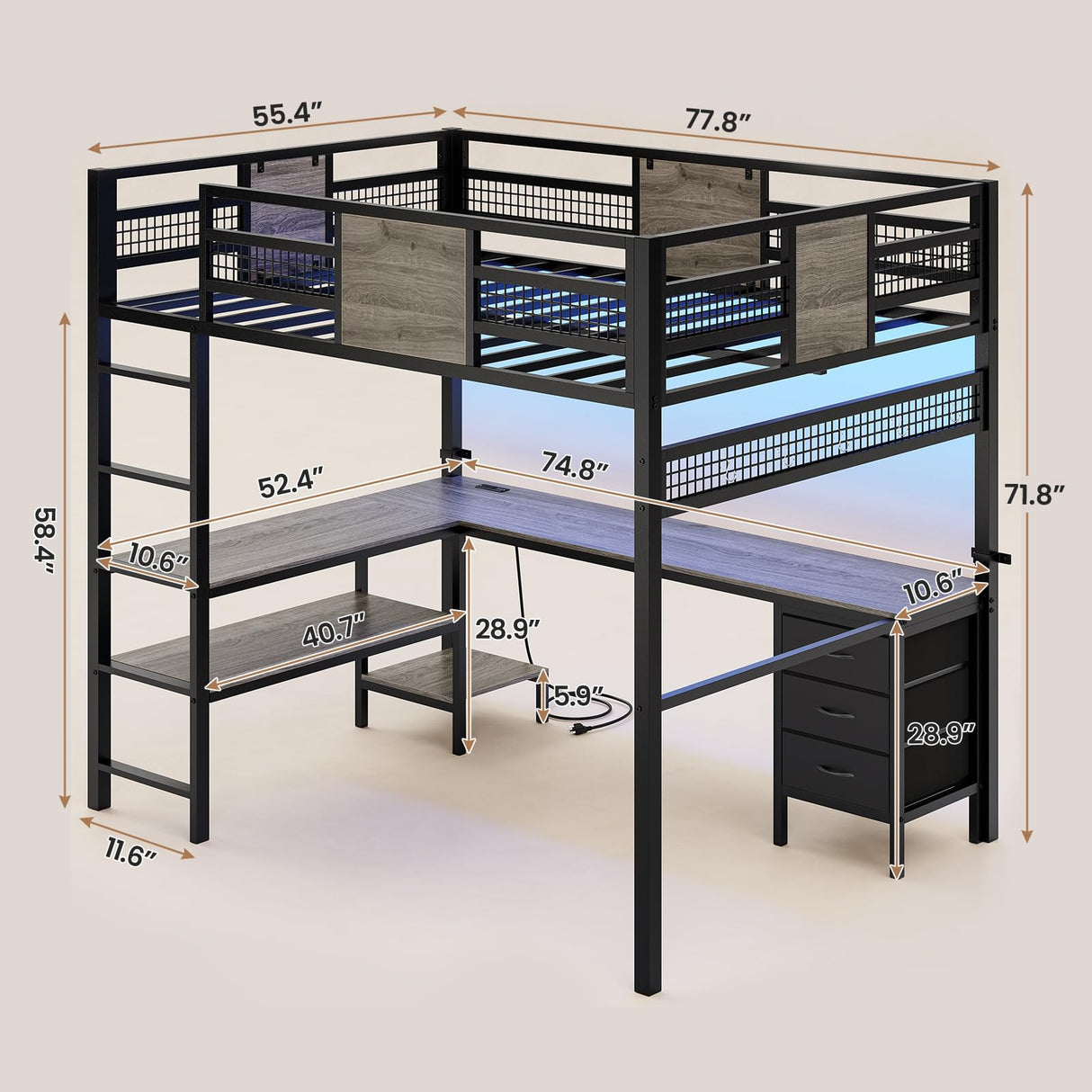 BTHFST Full Size Loft Bed with L-Shaped Desk and 3 Storage Drawers, LED Lights & Charging Station, Open Storage Shlef, Metal Loft Bed Frame with Solid Slats and Guardrail, Space Saving, Grey BTHFST