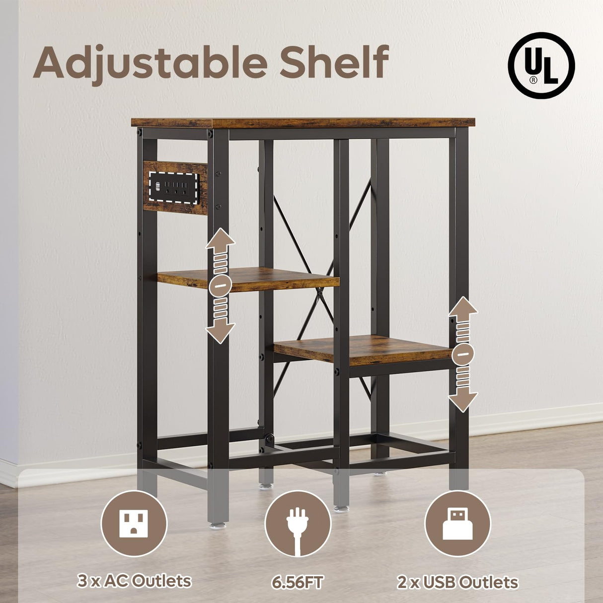 Bestier 10 Gallon Fish Tank Stand with Power Outlet, 20.3x10.6 Metal Aquarium Stand, 6-Leg Reptile Tank Stand with 3-Tier Adjustable Storage Shelves, 264LBS Capacity,Rustic Brown Bestier