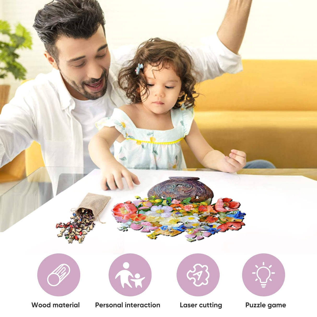 delobil Flower Wooden Puzzles for Adults, 200 Pieces Jigsaw Puzzles, Unique Shaped Medium Size Liberty Wood Puzzle Gift for Adults and Kids, Family Game 11'' x 11.3'' delobil