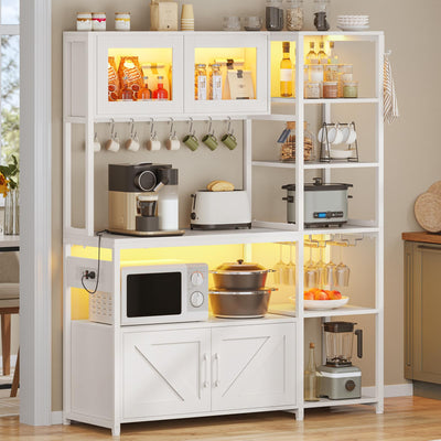 Itaar Bakers Rack with Power Outlet and LED Light, 45.3 Inch Farmhouse Coffee Bar Cabinet, Kitchen Microwave Stand with Storage, Glass Cabinet, Goblet Holder and 8 Hooks (White)