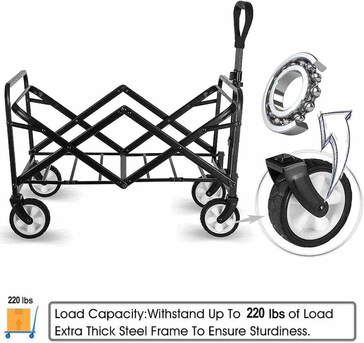 Collapsible Foldable Wagon, Beach Cart Large Capacity, Heavy Duty Folding Wagon Portable, Collapsible Wagon for Sports, Shopping, Camping (Black) iHomey