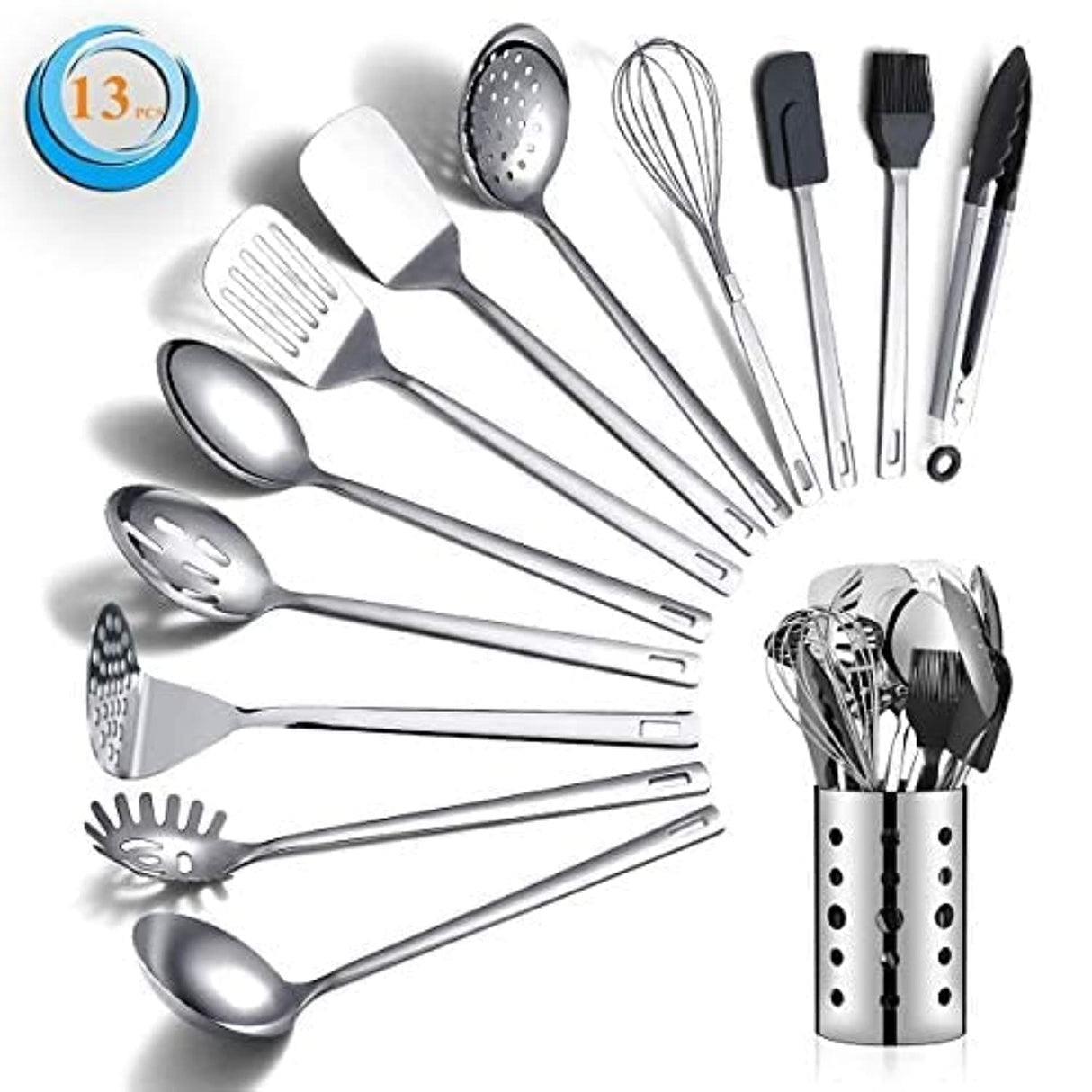Berglander Stainless Steel Cooking Utensils Set, 13 Pieces Kitchen Utensils Set, Kitchen Tools Set with Utensil Holder Non-Stick and Heat Resistant,Dishwasher Safe, Easy to Clean (13 Packs) Berglander