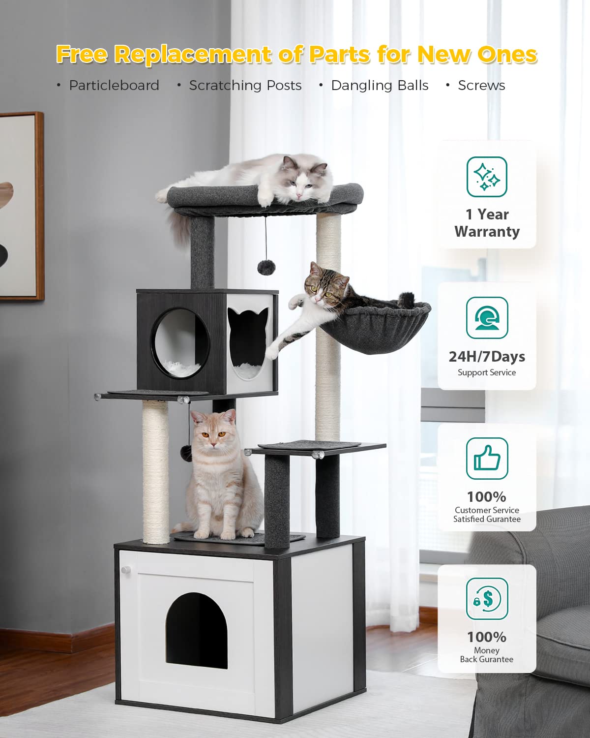 PETEPELA 56.7" Cat Tree with Litter Box Enclosure Large, Wood Cat Tower for Indoor Cats with Storage Cabinet and Cozy Cat Condo, Sisal Covered Scratching Post and Repalcable Dangling Balls, Black PETEPELA