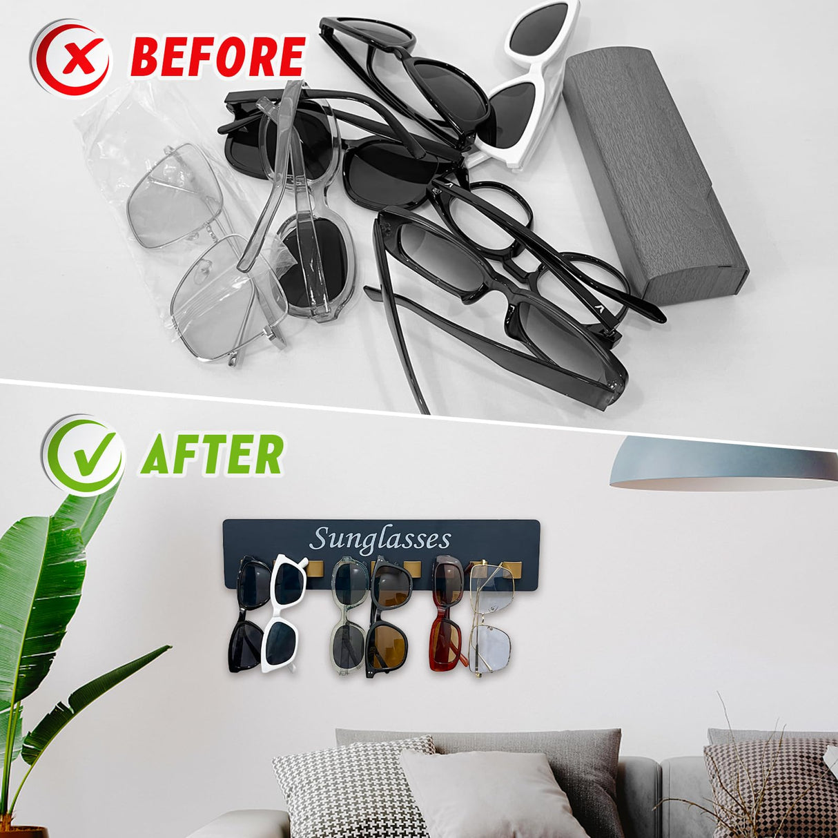 Sunglasses Holder Organizer Eyeglasses Holder Stand Wood Glasses Storage Organizer for Wall Sunglasses Display for Multiple Glasses for Women, Men, Family Bedroom, Entryway (Gray-1pcs-long) Fippkargo