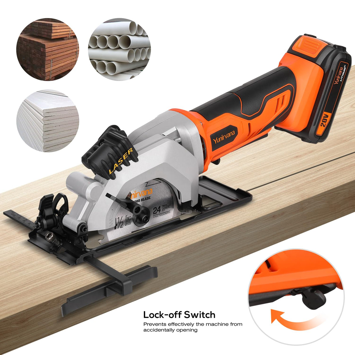 Yunirvana Mini Circular Saw, 20V 3400RPM Professional Cordless Circular Saw, Adjustable Angle and Depth,Max Cutting Depth 1-2/3"(90°), 1-1/8"(45°), Laser Guide, Rip Guide Yunirvana