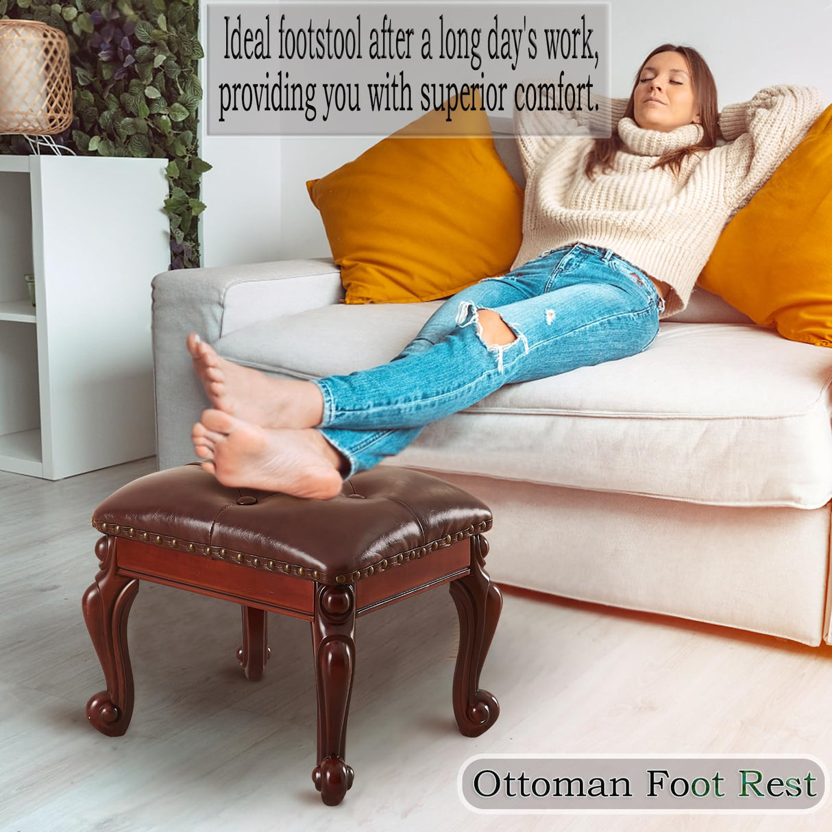 KUKEJCM Ottoman Foot Rest, Small Leather Footstool, Vintage Living Room Ottoman, Solid Wooden Shoe Stool, Dark Brown KUKEJCM