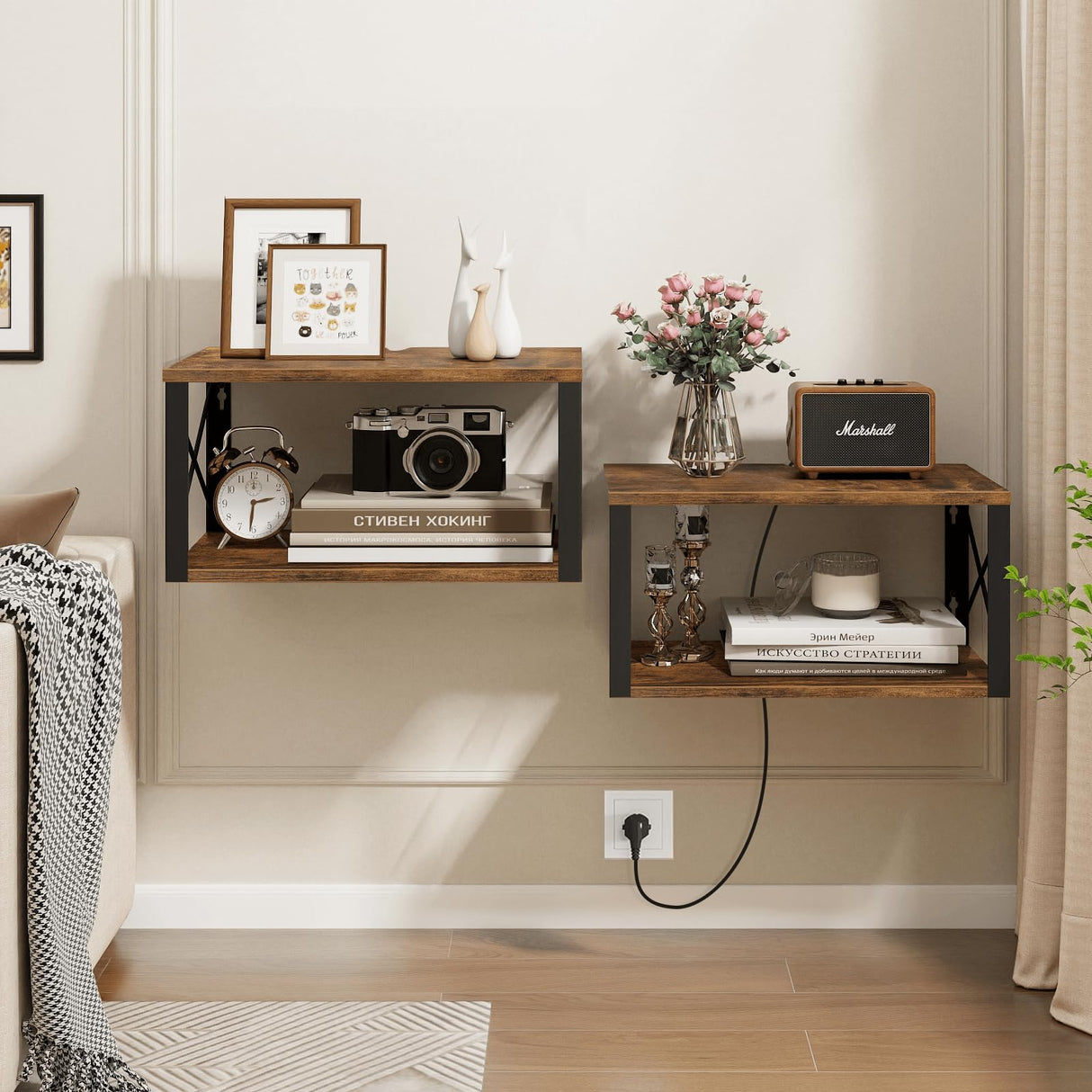 Homode Floating Nightstand, Wood Floating Bedside Table with Cable Hole, 2 Tier Wall Mounted Nightstand, Hanging Night Stand Wall Shelves for Bedroom Living Room Bathroom Kitchen, Rustic Brown Homode