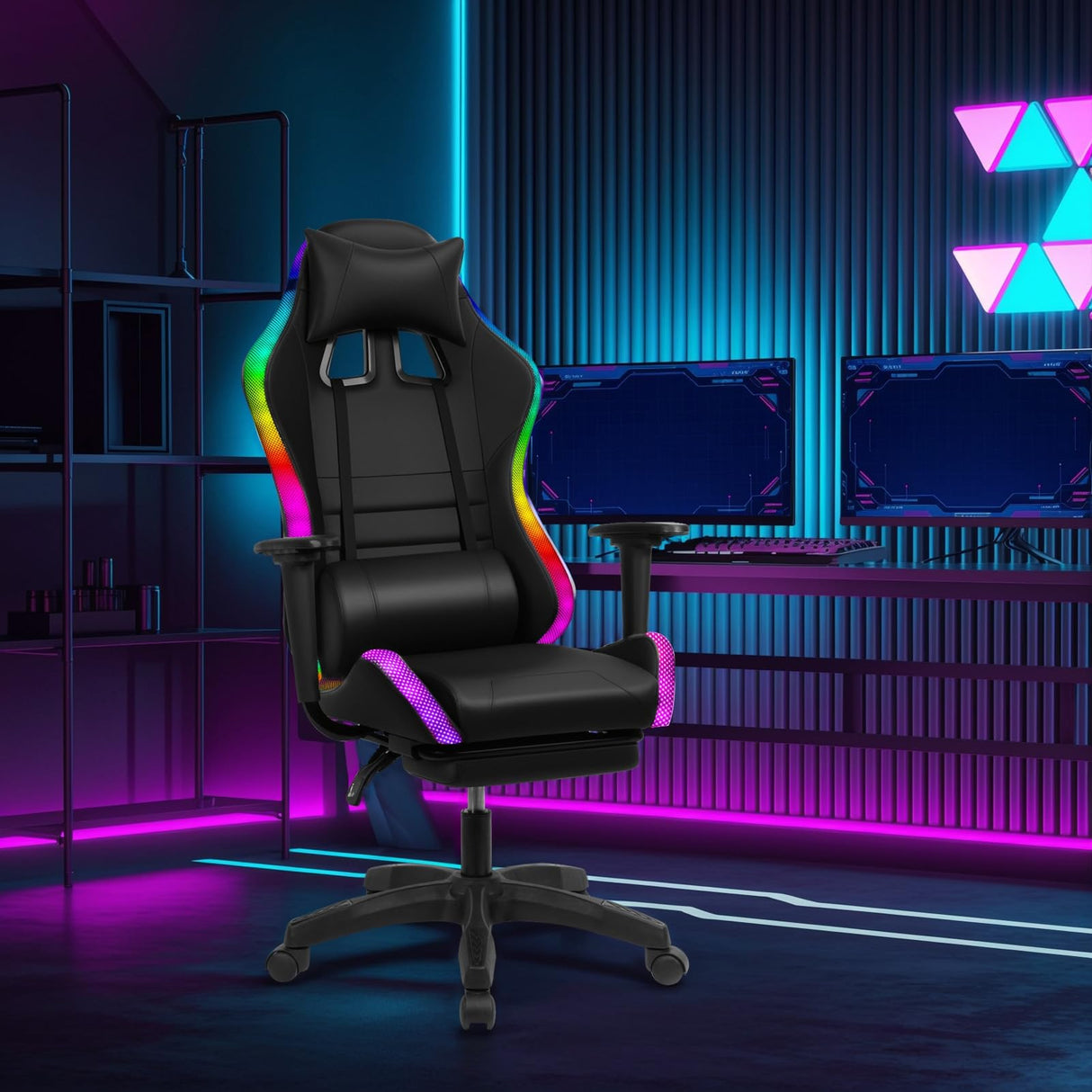 gihusrzx Gaming Chair with Two Bluetooth-Compatible Speakers, Office Executive Chair with Retractable Footrest, Multiple RGB LED Light Modes 360 Degree Rotation Game Chair, 350lbs Load Red gihusrzx