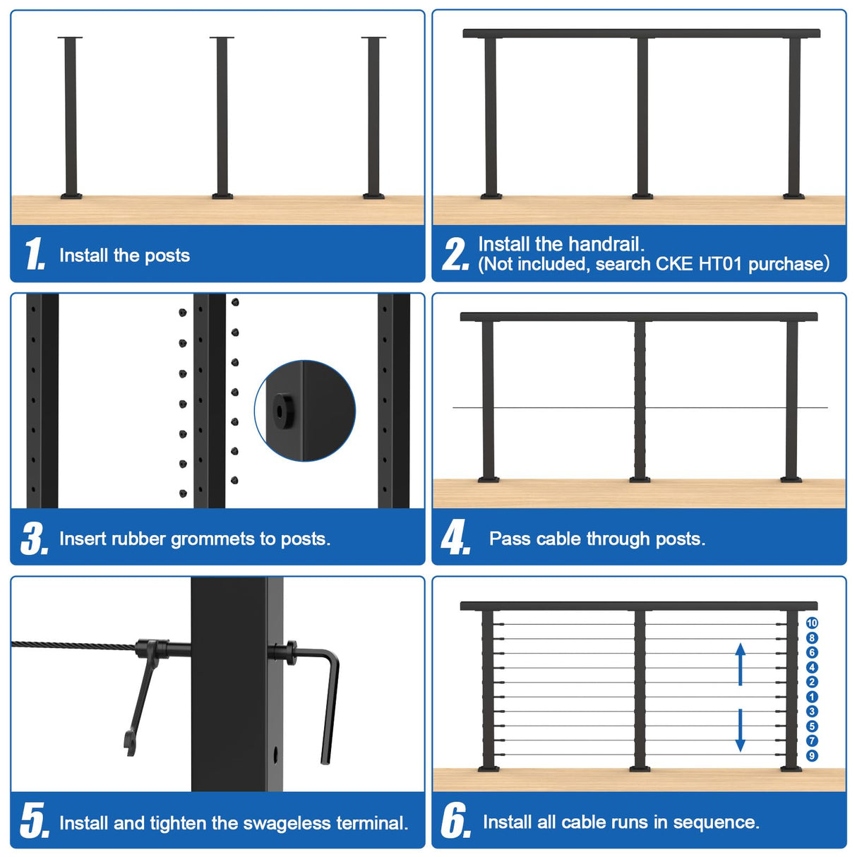 CKE 10ft-15ft Complete Set 36" Cable Railing Post Kit, 3Pack Black Level Drilled Line Posts(35"x2"x2"), Swageless Deck Cable Railing System Kit, 220ft 1/8" Wire Rope(No Handrail), Black Post Kit LPS02 CKE
