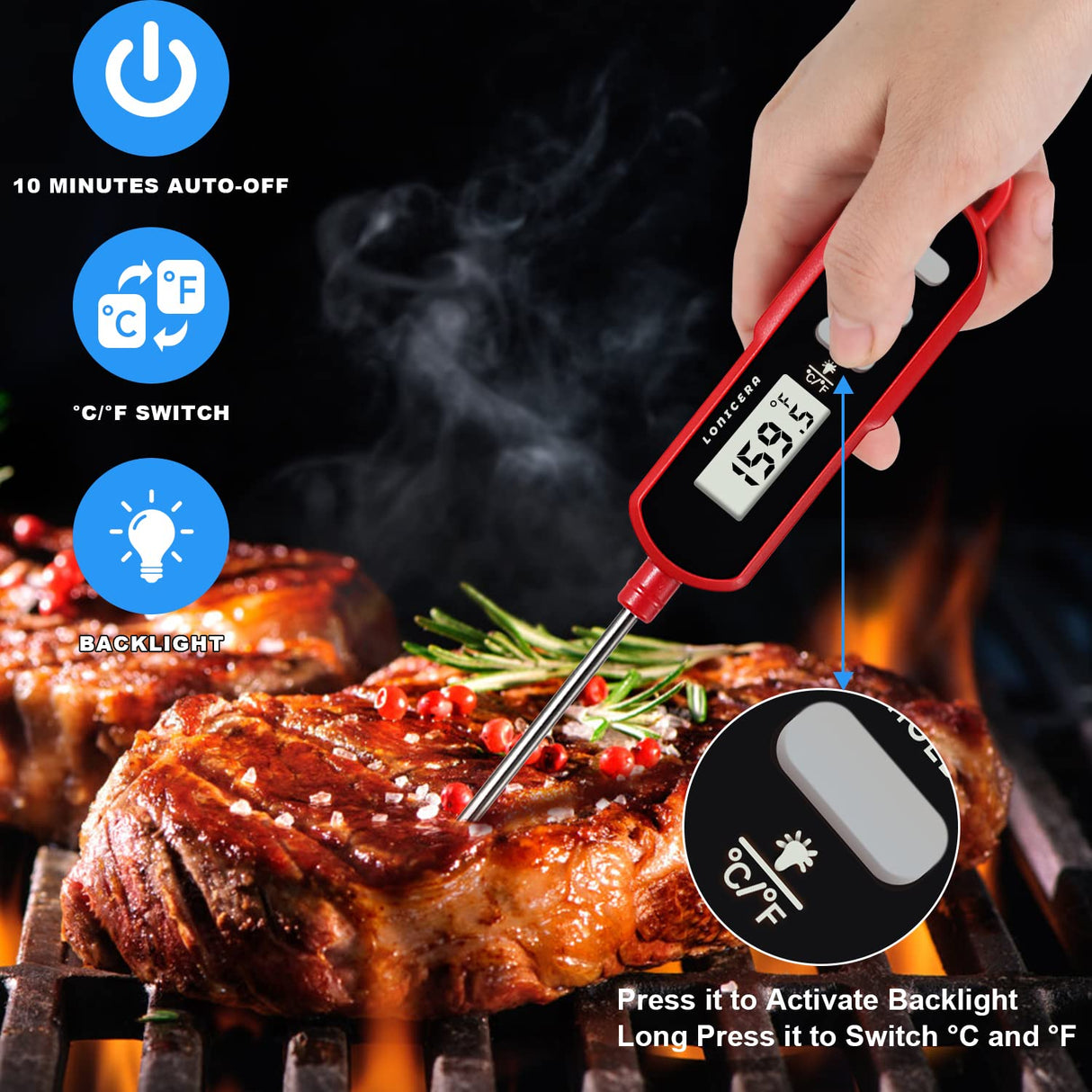 Lonicera Digital Cooking Thermometer for Bread Baking, Food and Water Temperature Measurement. Waterproof and Long Stem with Meat Temp Guide, Display with Backlit (Red) LONICERA