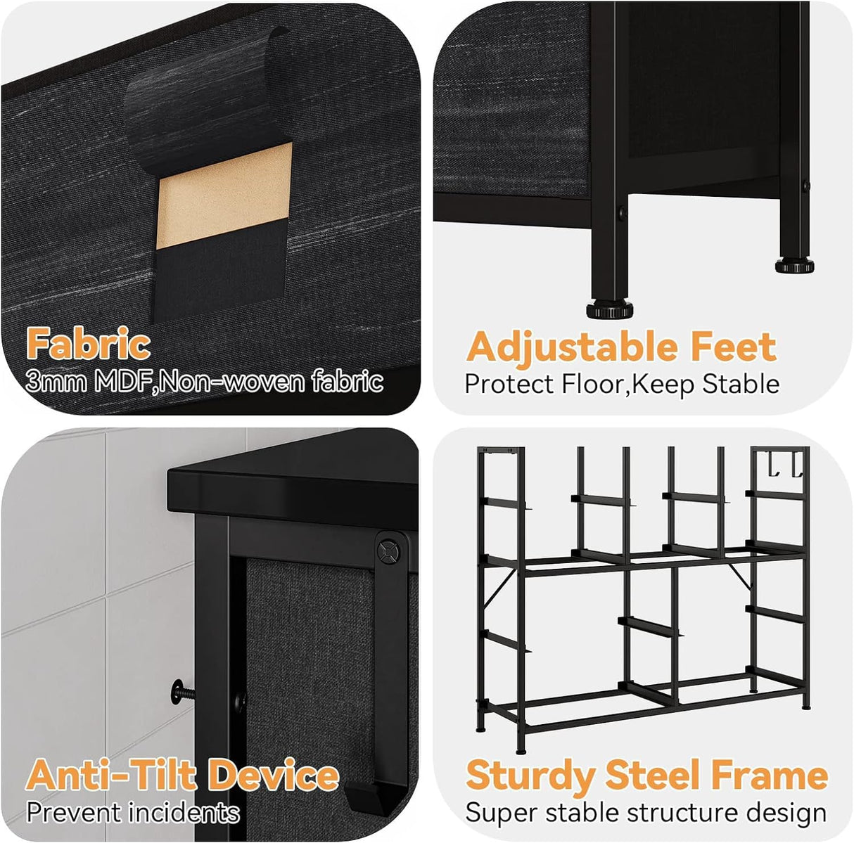 Jojoka Dresser for Bedroom with 10 Drawers, Dressers & Chest of Drawers, Fabric Storage Drawer with Side Pockets for Kids Room, Closet, Hallway, Entryway, Living Room (Black) Jojoka