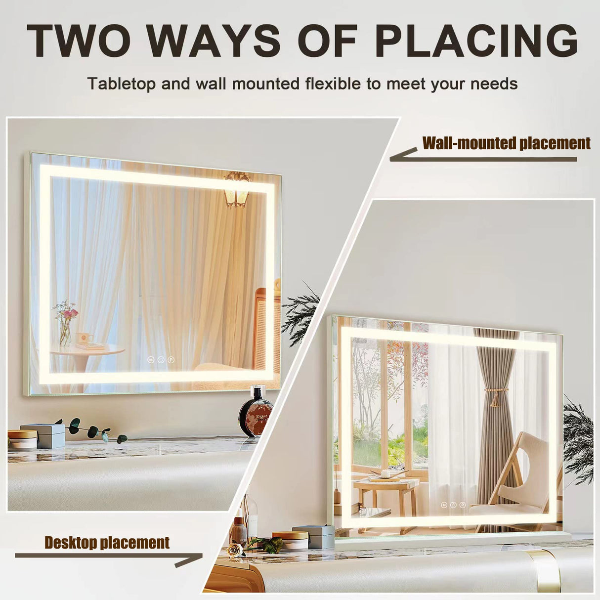 Sucedey Vanity Mirror with Lights, 23" x 18" Makeup Mirror, Hollywood Mirror with 3 Color Modes & Adjustable Brightness, Detachable 10x Magnification and USB Charging Design (White) Sucedey