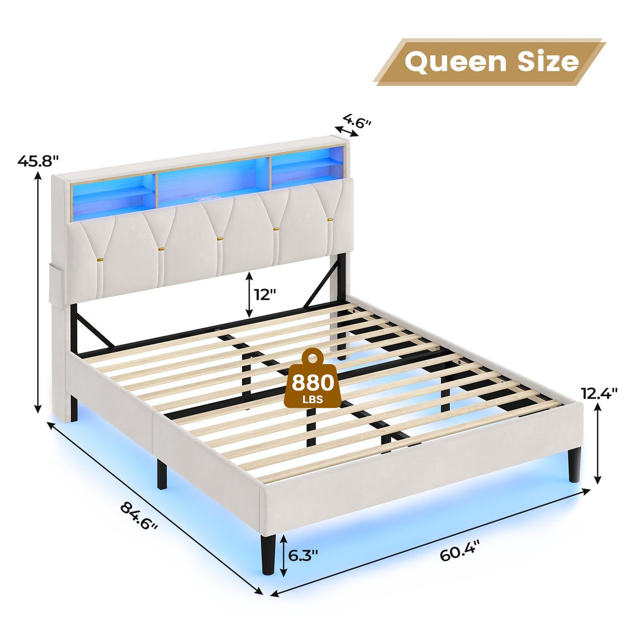BTHFST Creamy White Velvet Queen Bed Frame with LED Lights & Charging Station BTHFST