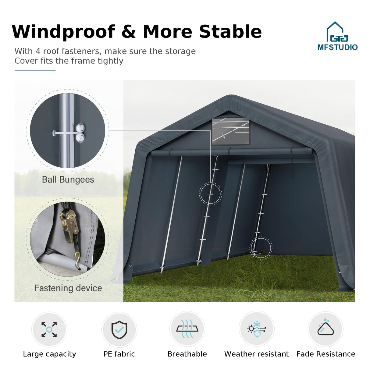 MFSTUDIO Outdoor Carport 13x22 ft, Portable Storage Sheds Shelter Garages Heavy Duty Canopy with Rolled up Zipper Doors, Outside Utility Shed Garage Tent for Boat,Patio Furniture and Tools MFSTUDIO