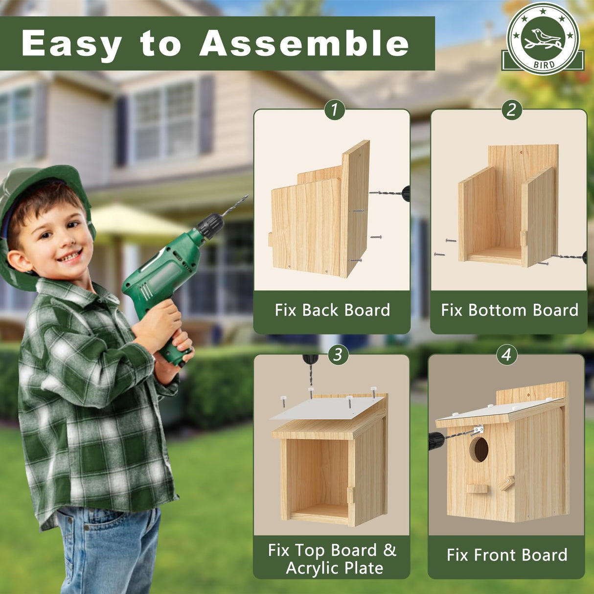 Bird Houses for Outside, Bluebird House with Standing Perch, Hanging Wood Bird House with Waterproof Acrylic Plate for Small Birds Bluebird Finch Swallow Wren Chickadee Assembly Required Chuiendi