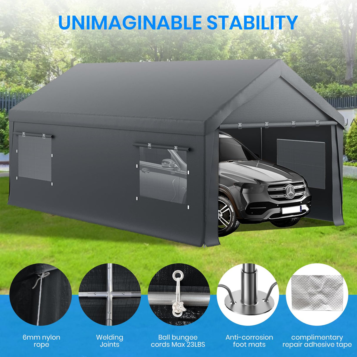 Carport 12x20 FT Heavy Duty,Outdoor Portable Garage with Removable Sidewalls & Doors, Waterproof, UV-Resistant Canopy Shelter for Vehicles, Boats, RVs, Trucks, All-Season Car Port, Gray RICHRYCE