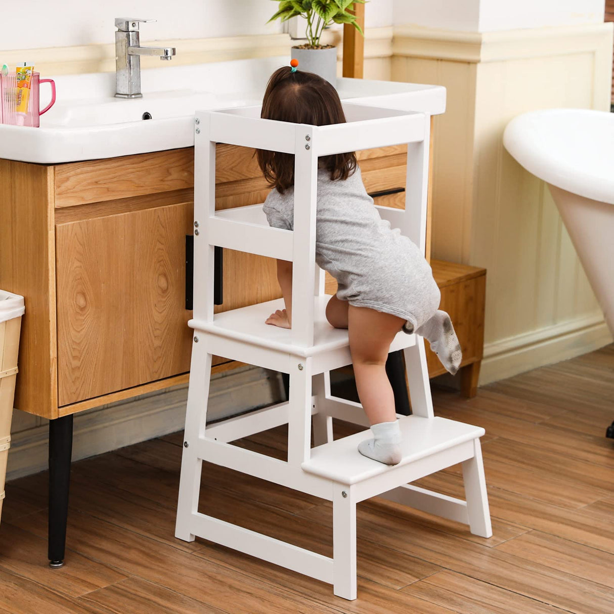Kids Kitchen Step Stool for Kids with Safety Rail,Solid Wood Construction Toddler Learning Stool, Montessori Toddlers Kitchen Stool Tower (White) Wiifo