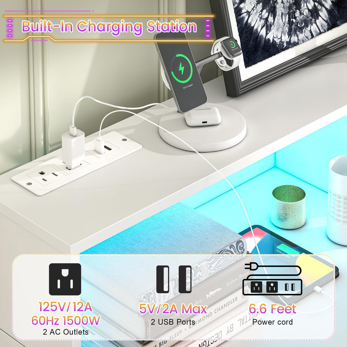 knoworld White 6 Drawer Dresser for Bedroom, Chest of Drawers with LED Light and Power Outlet, Tall Wide Dresser for Organizer Cabinet Bedroom,Living Room,Hallway, Entryway, Bedroom knoworld