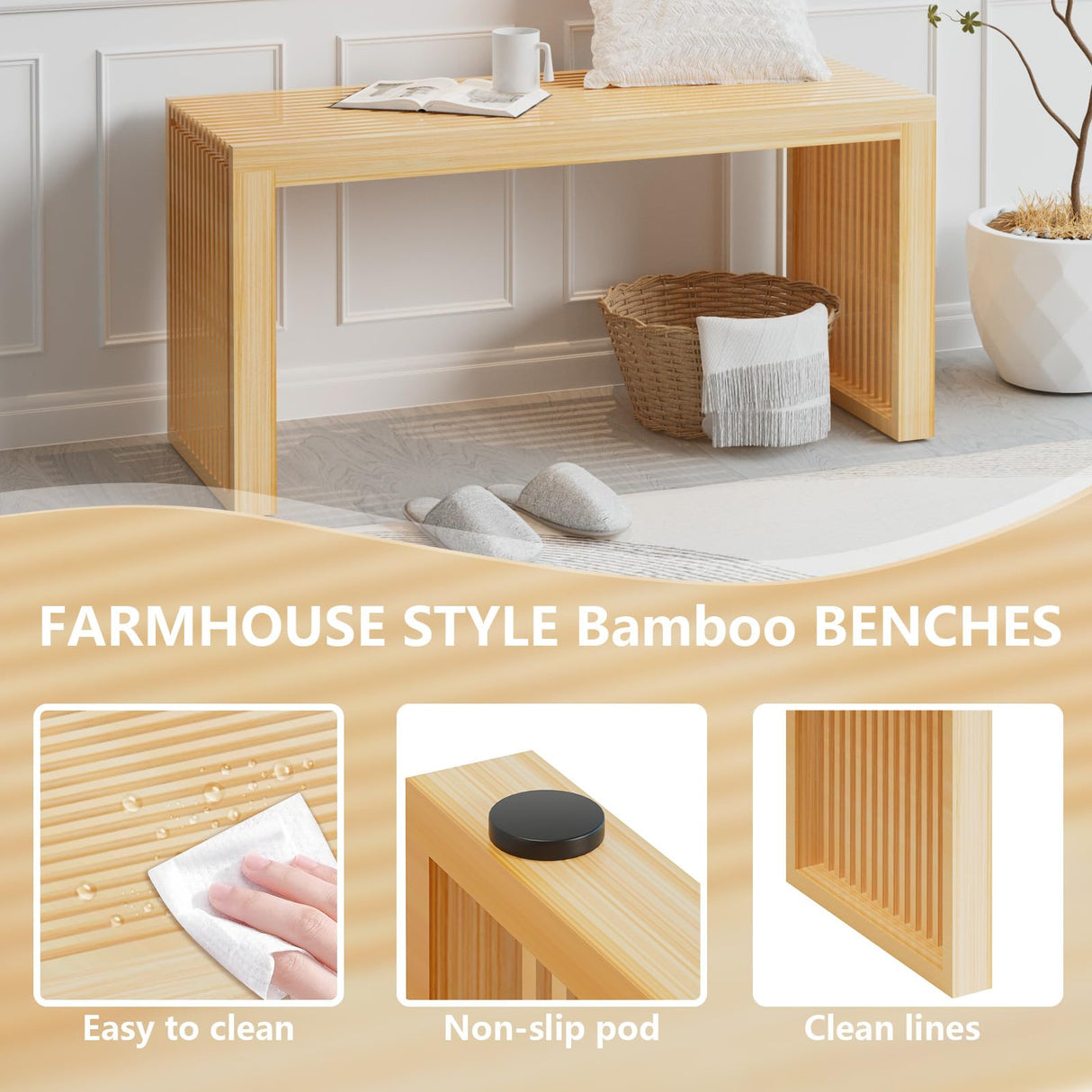 APRTAT Bamboo Dining Bench Indoor Long Bench Entryway Shoe Rack Bench,Outdoor Modern Wood Benches 35 Inch Bamboo Bench for Living Room Hallway Bedroom Bathroom Nature Long APRTAT