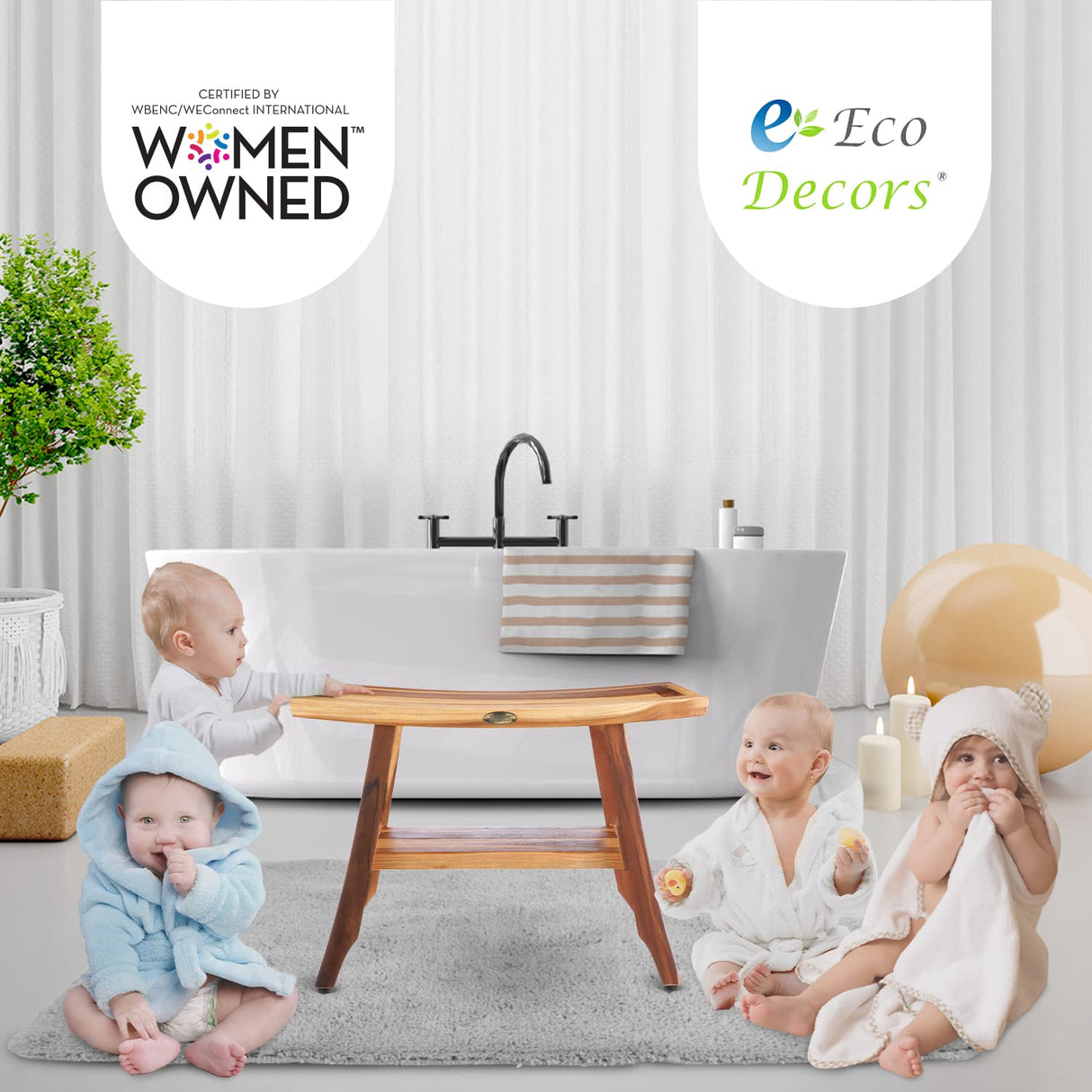 EcoDecors, 24 inch, Brown, Teak Shower Bench, Teak Bench Shower, Teak Shower Bench for Inside Shower, Teak Bathroom Bench, Teak Wood Shower Bench EcoDecors