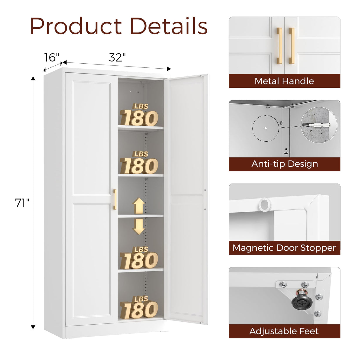 Kubohogar 71" Tall Metal Pantry Cabinet, White Kitchen Pantry Storage Cabinet with 4 Adjustable Shelves and Gold Handles, Cupboard for Kitchen, Dining Room, Living Room, Bathroom Kubohogar