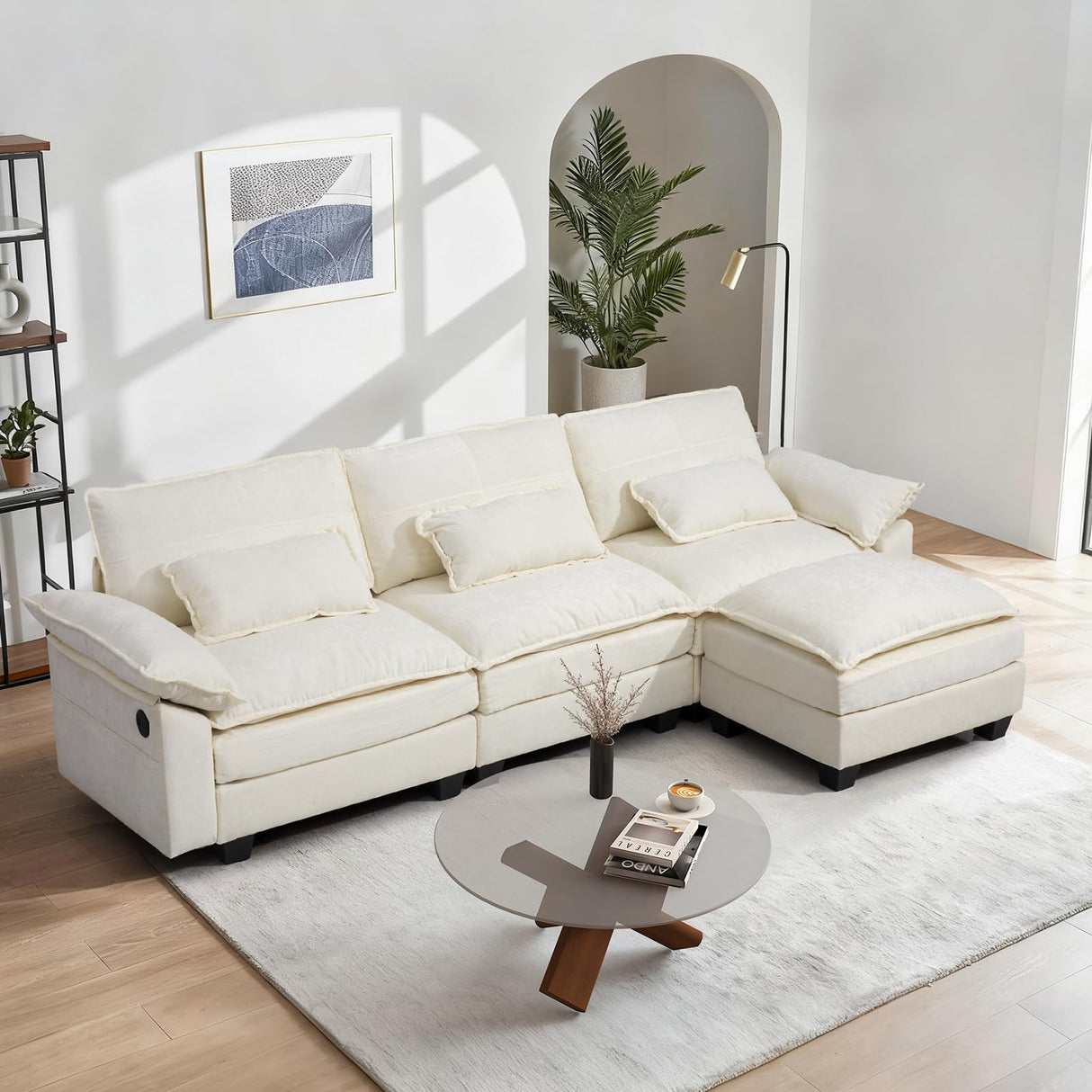 Mvpipi 108" Modular Sectional Sofa, Comfy Cloud Couch with Ottoman & USB Port for Living Room, L Shaped Modern Chenille Couches with Throw Pillows for Bedroom, Apartment, White Mvpipi