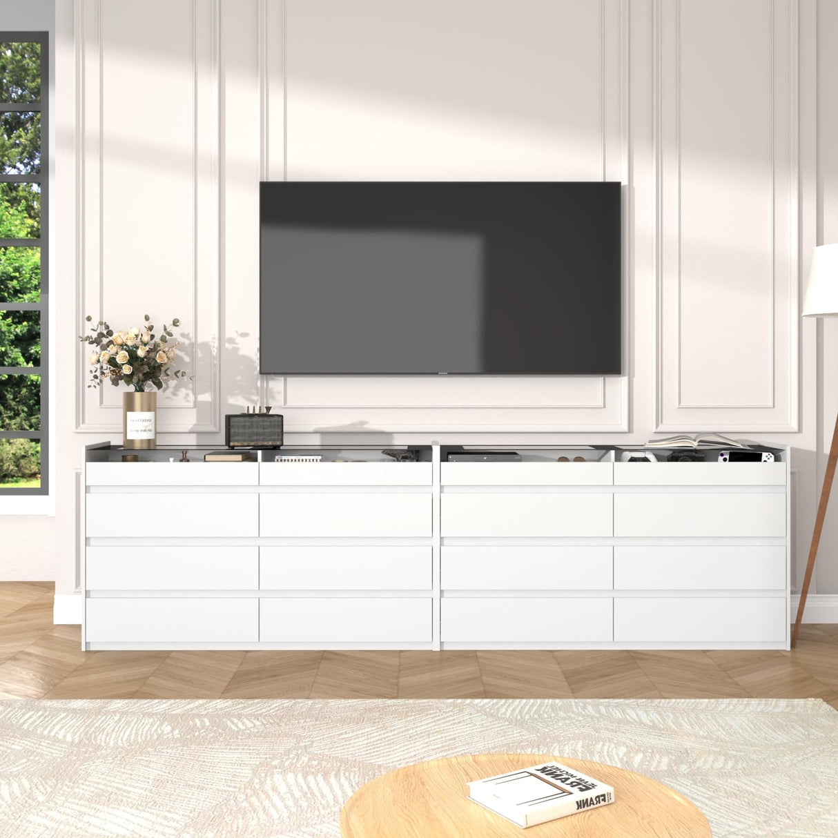 White 8 Drawer Dresser for Bedroom with LED Light, Modern Dresser Chest of Drawers with Hidden Handles and Glass Top, Dressers Organizer for Bedroom, Closet, Living Room LIVAUVEAD