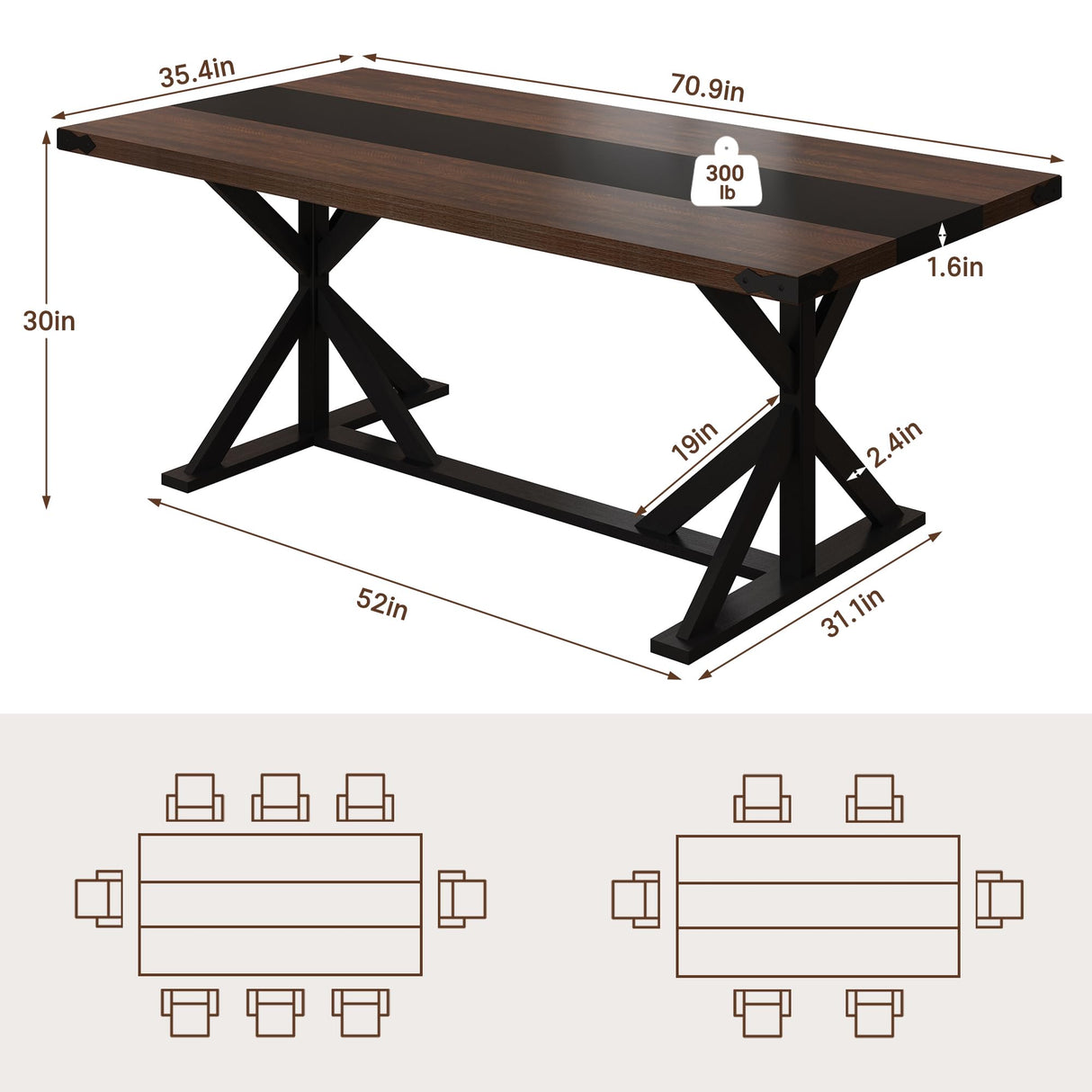 Hlivelood 71 Inch Dining Table for 6 People, Rectangular Kitchen Farmhouse Table W/Thickness Waterproof Wood Tabletop,Long Dining Room Tables W/Wood Strip Base for Kitchen Living Room(Brown&Black) Hlivelood