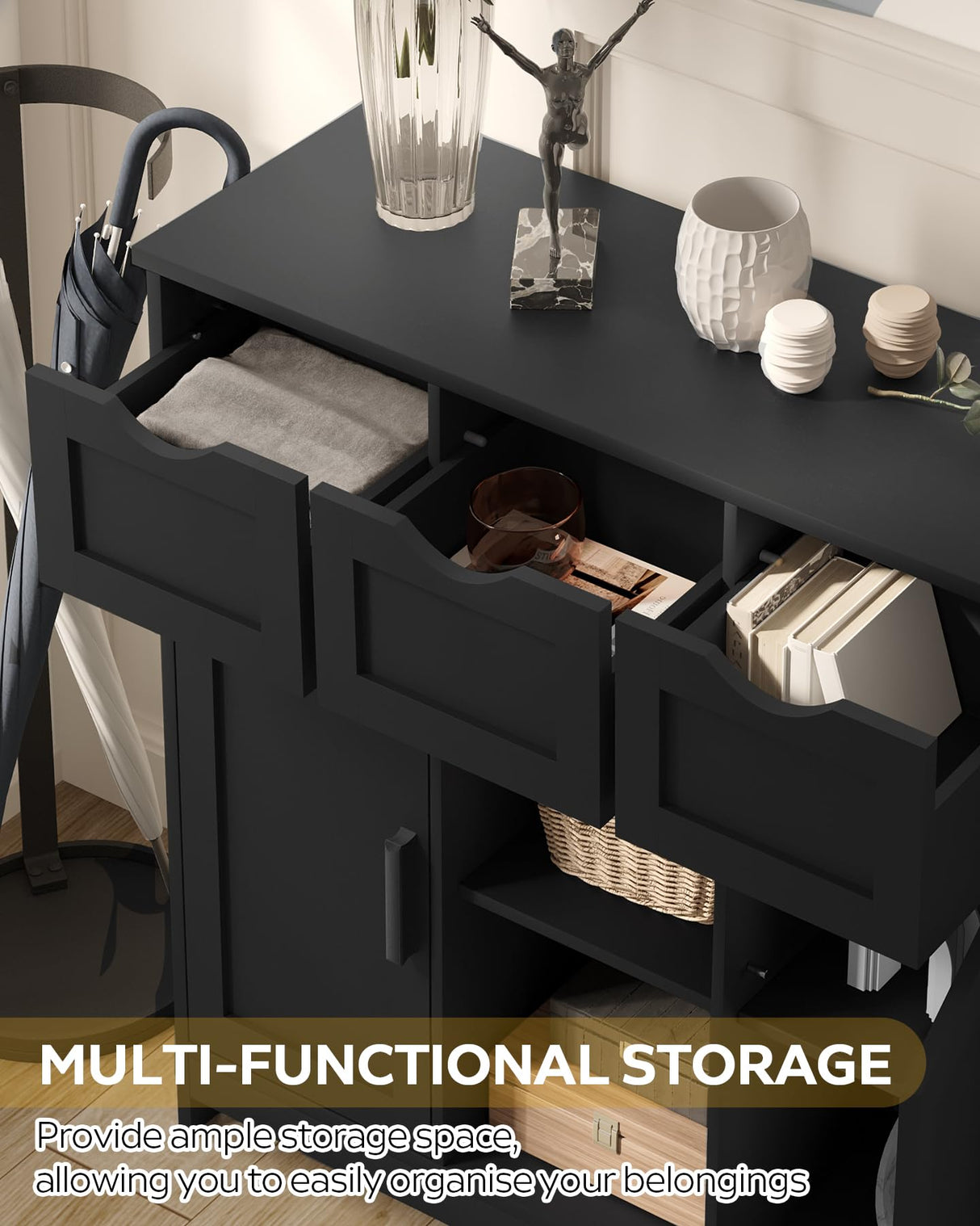 MIRROTOWEL Storage Cabinets,Wooden Floor Cabinet,with Drawers and Shelves Storage Cabinets,Accent Cabinet for Living Room, Bedroom,Bathroom Furniture Home Decor(Black) MIRROTOWEL