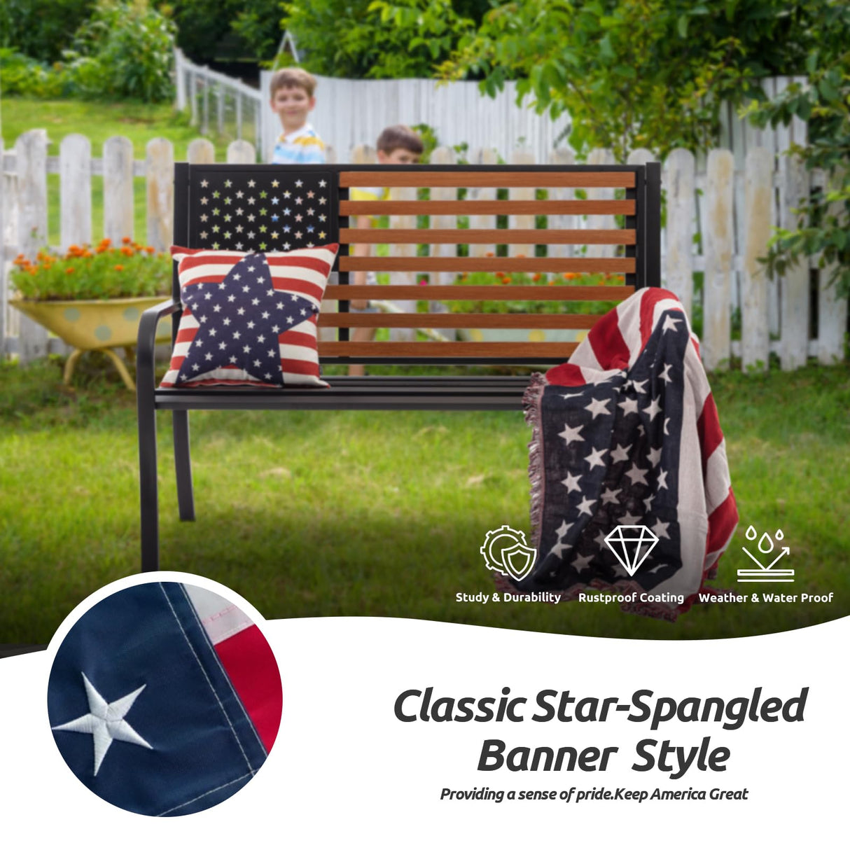 ππππ₯π’ππ¬ππ₯π¨π§ 50β Outdoor Bench Garden Bench with American Flag Style, Sturdy Cast Iron Metal Frame Patio Park Bench for Porch Yard Lawn Deck Park Attliasalon