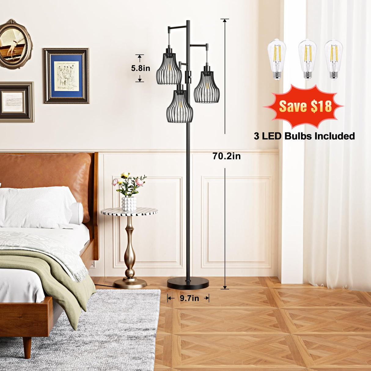 Dimmable Floor Lamp, 3 x 800LM LED Edison Bulbs Included, Farmhouse Industrial Floor Lamp Standing Tree Lamp with Elegant Cage Tall Lamps for Living Room Bedroom Office - Black Ziisee