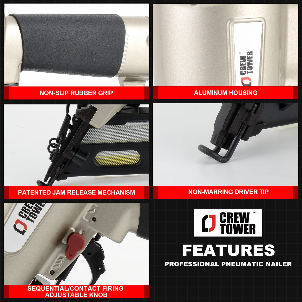 CREWTOWER NT65 15 Gauge, 1-1/4" to 2-1/2" Angle Finish Nailer Pneumatic Finishing Nail Gun for Molding, Baseboard, Trim and Finishing, Air-powered CREWTOWER