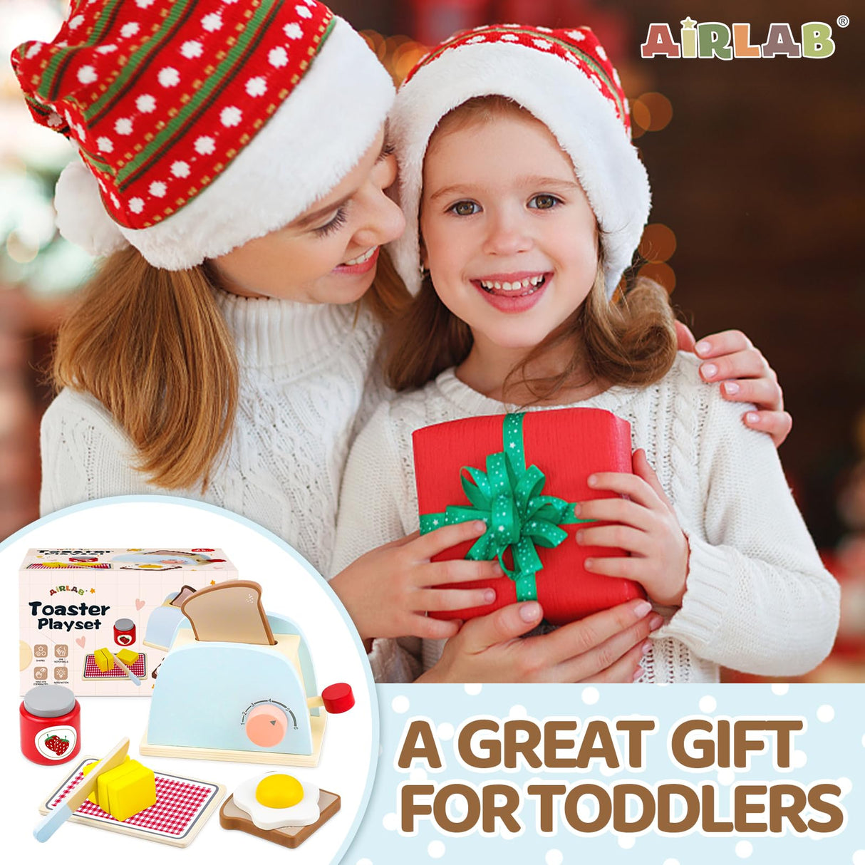 Airlab Wooden Pop-up Toaster Toy Play Kitchen Accessories Play Food Bread, Butter, Poached Egg Cutting Pretend Toys for 3 4 5 Year Old Toddlers Boys Girls Airlab