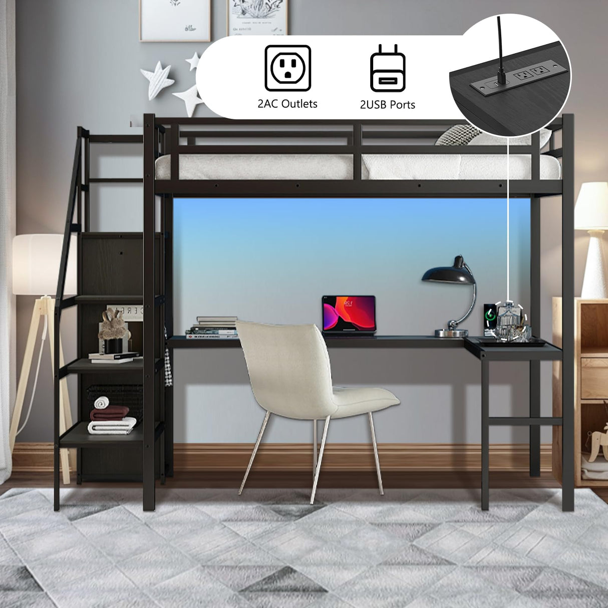 MAKIAAP Full Size Loft Bed with Desk and Wardrobe, Metal Heavy Duty Loft Bed Frames with Storage Stairs, LED Lights, Charging Station for Adults, Junior, Teens, Space Saving, Black (Full) MAKIAAP