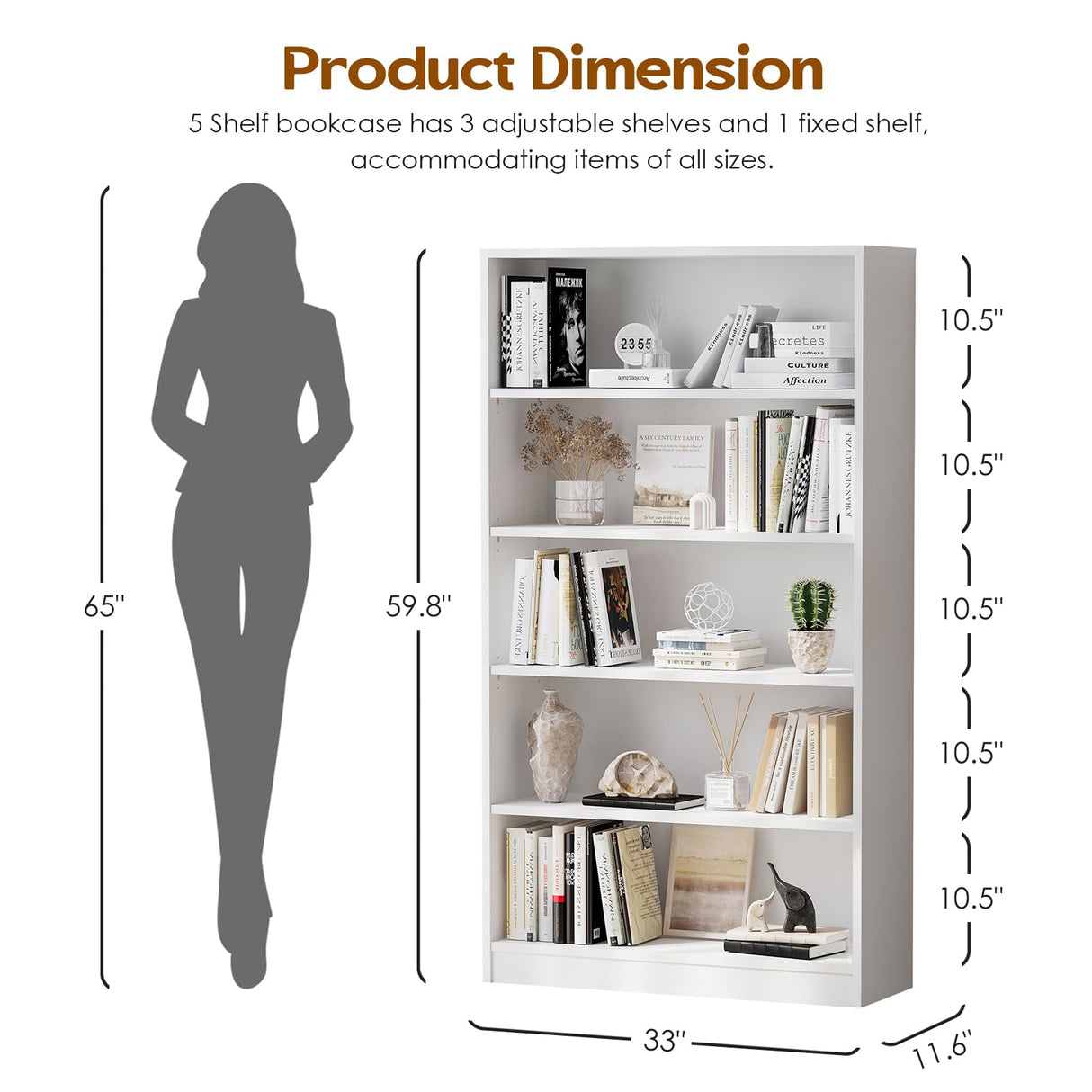 Soohow White Bookcase with Adjustable Shelves, 5 Shelf Book Case, Large Tall White Bookshelf for Living Room, Bedroom, 60 in Tall, 33 in Wide, 11.6 in Deep Soohow