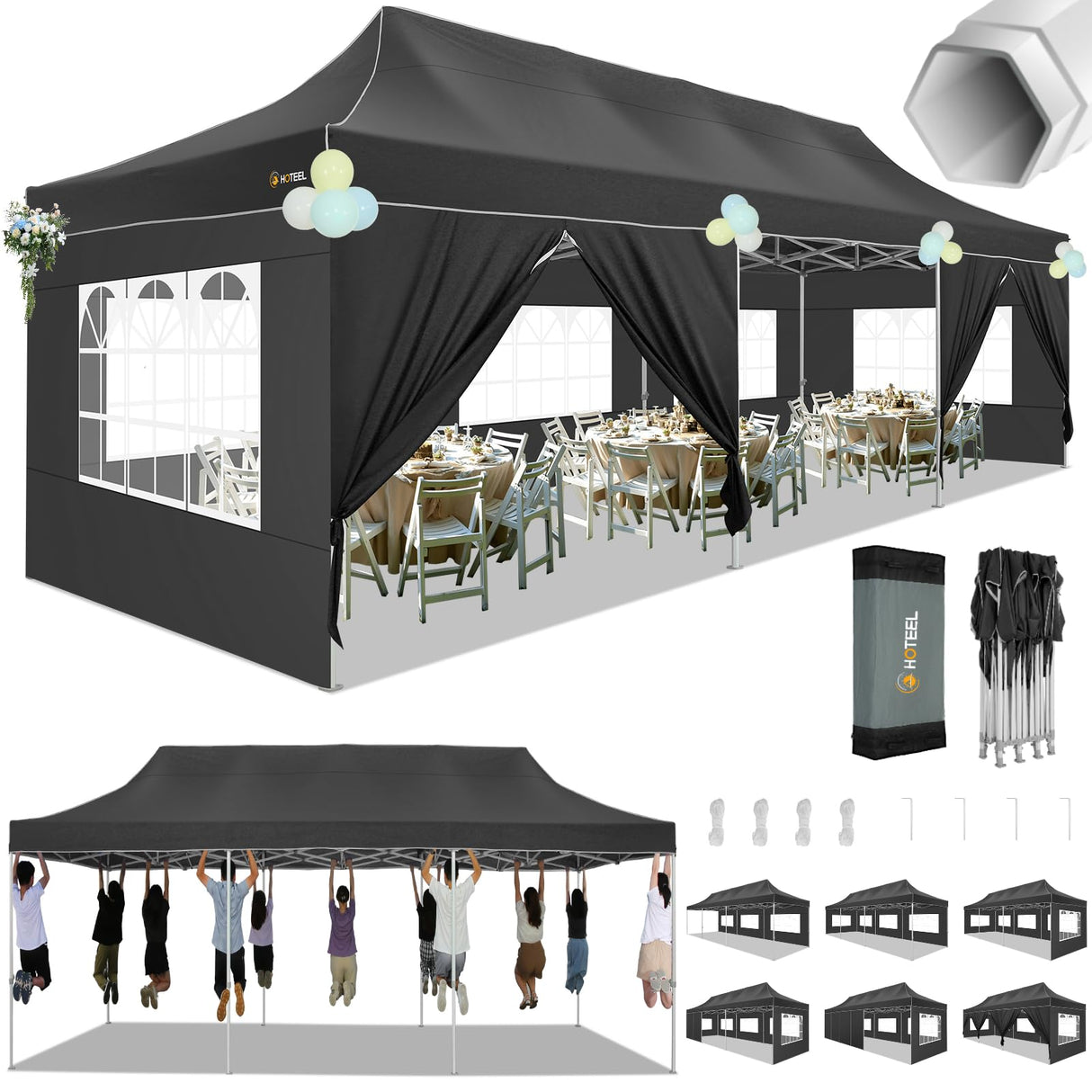 HOTEEL Tents for Parties 10x30 Pop Up Canopy Tent Heavy Duty with 8 Sidewalls, Commercial Party Tent Event Wedding Instant Canopy Waterproof with Carry Bag, UV 50+, Thicked Hexagonal Legs, Black Hoteel