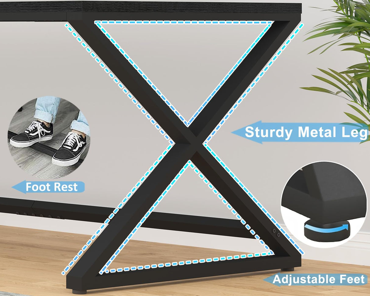 LVB Large Black Desk, 70.8” Long Computer Desk for Home Office, Modern Wide Executive Work Desk for Writing Study, Simple Wood Metal Computer Table Gaming Desk Workstation in Bedroom, Black Oak, 70 in LVB