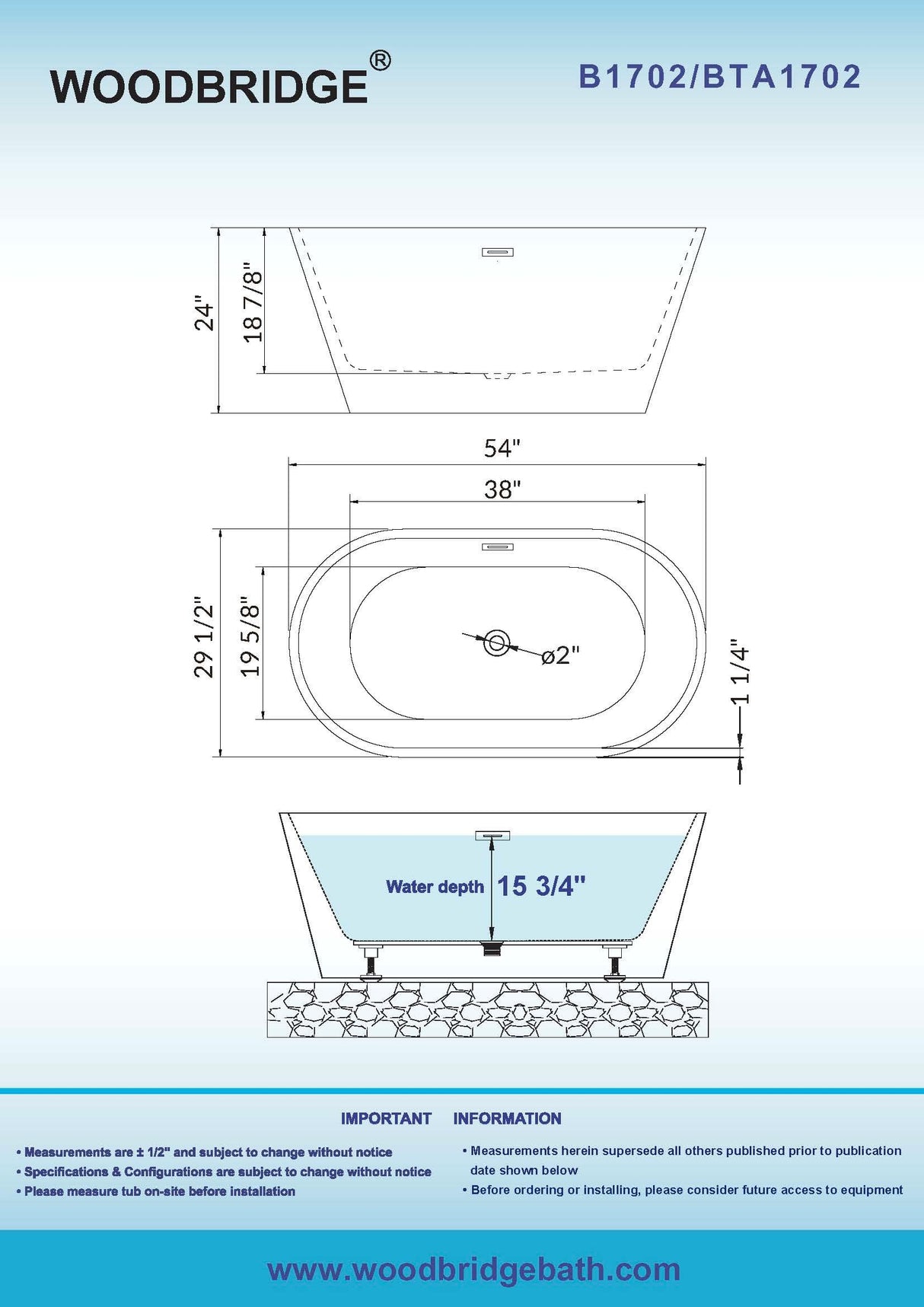 WOODBRIDGE 54" Acrylic Freestanding Bathtub Contemporary Soaking White Tub with Brushed Gold Overflow and Drain,BTA1702-BG WOODBRIDGE