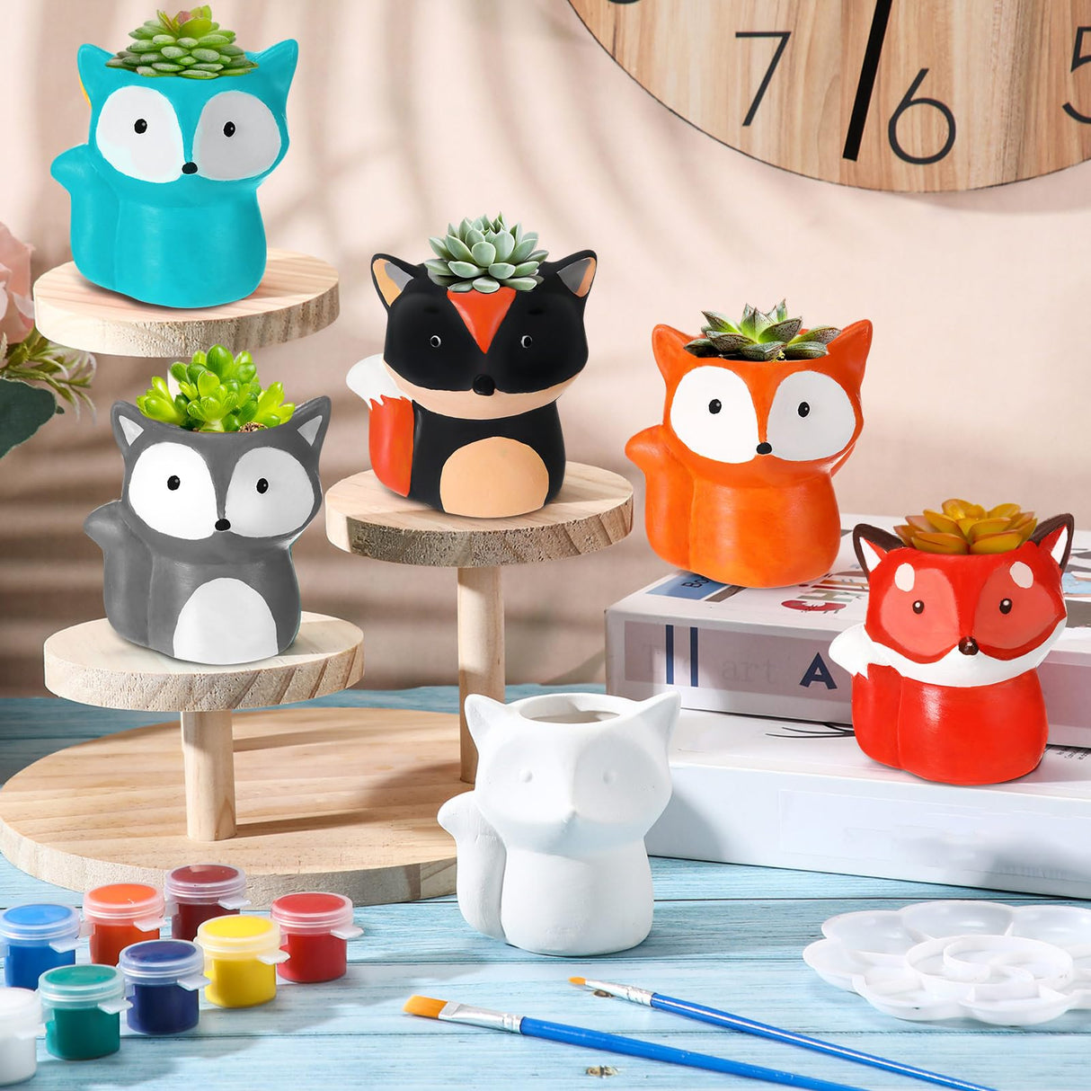 Pasimy 6 Set DIY Ceramic Succulent Planter Pots Paint Your Own Flower Pots Craft Kit Unpainted Bisque Paintable Flowerpot with Brush Palette Ready to Paint for Family Activity Gift(Fox) Pasimy