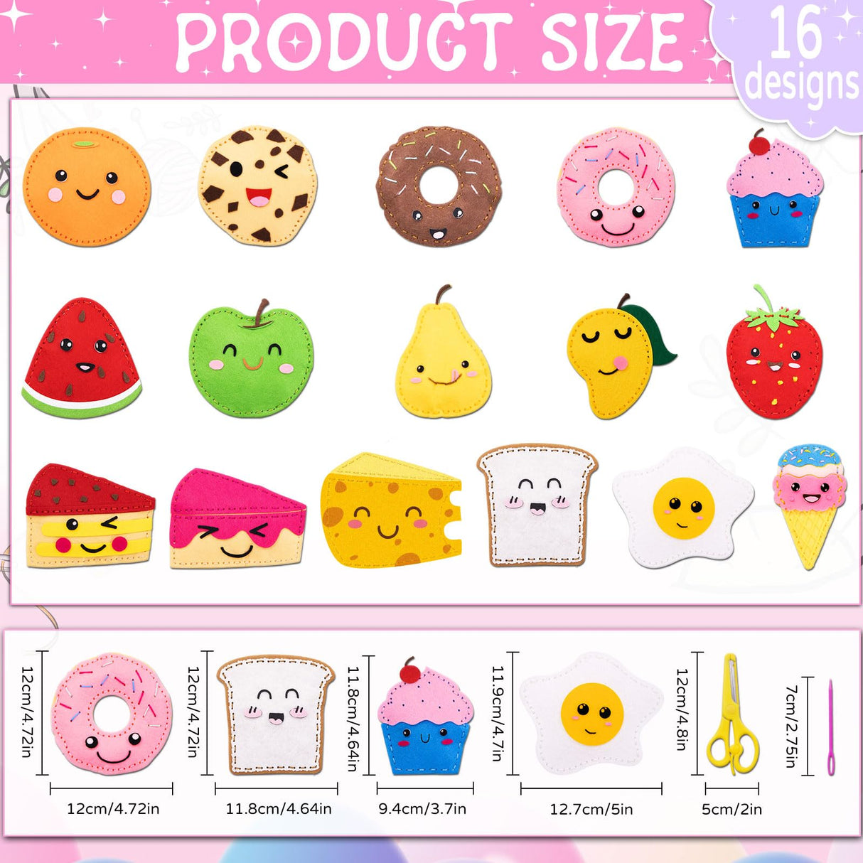 ZOIIWA 16 Sets Food Themed Sewing Kit for Kids Fun Craft for Boy Girl Age Felt Fruit Plush Craft Kit Learn to Sew Educational Beginners Sewing Stuffed Ornament for Black to School Classroom Gift ZOIIWA