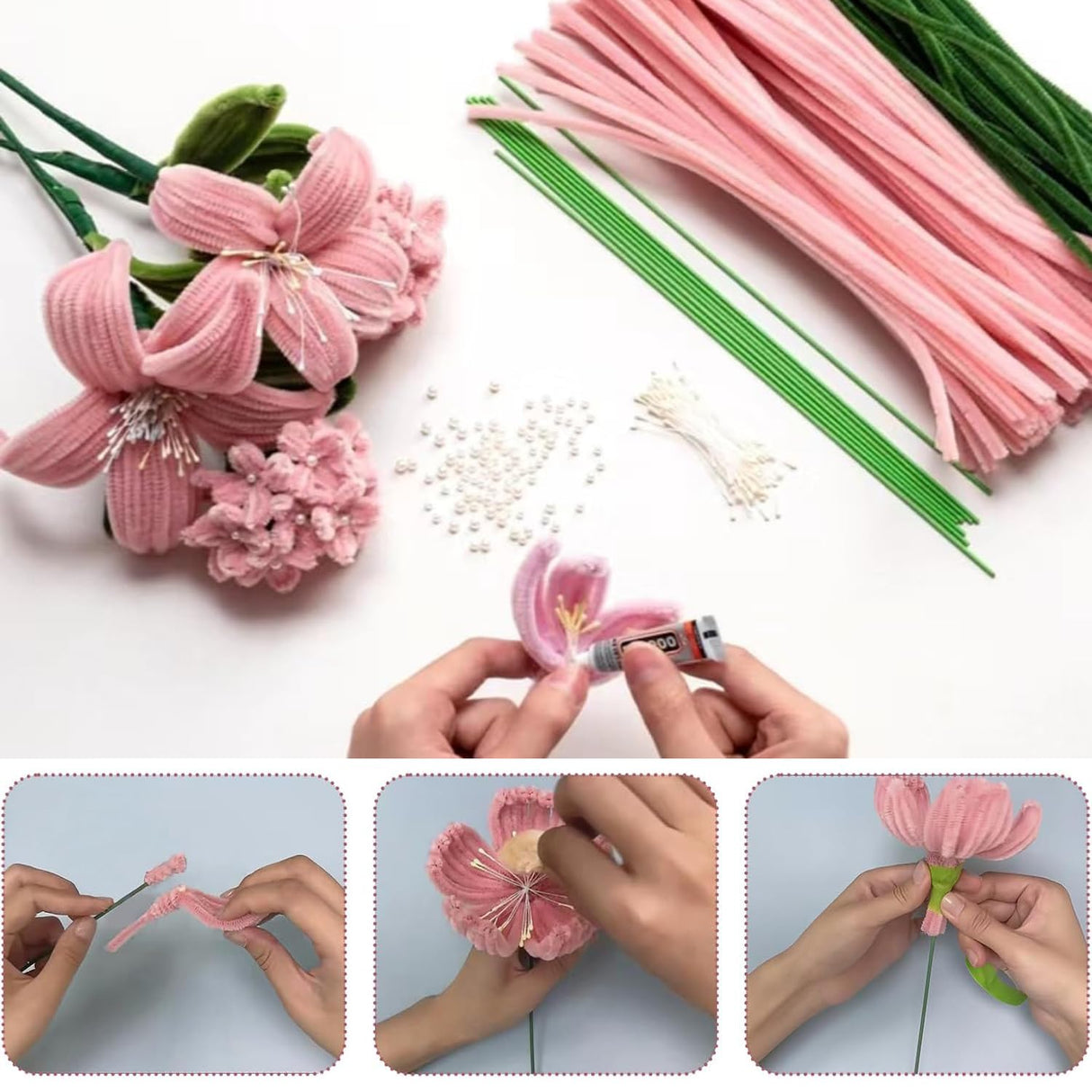 500 Pcs Pipe Cleaners Craft,5 Colors Pipe Cleaners Bulk,Chenille Stems Flowers Craft kit for DIY Handmade Bouquet Wrapping Party Decorations whit Ribbons,Stems,Tape,Stamens, Glue Sticks (Pink) Anyangjia