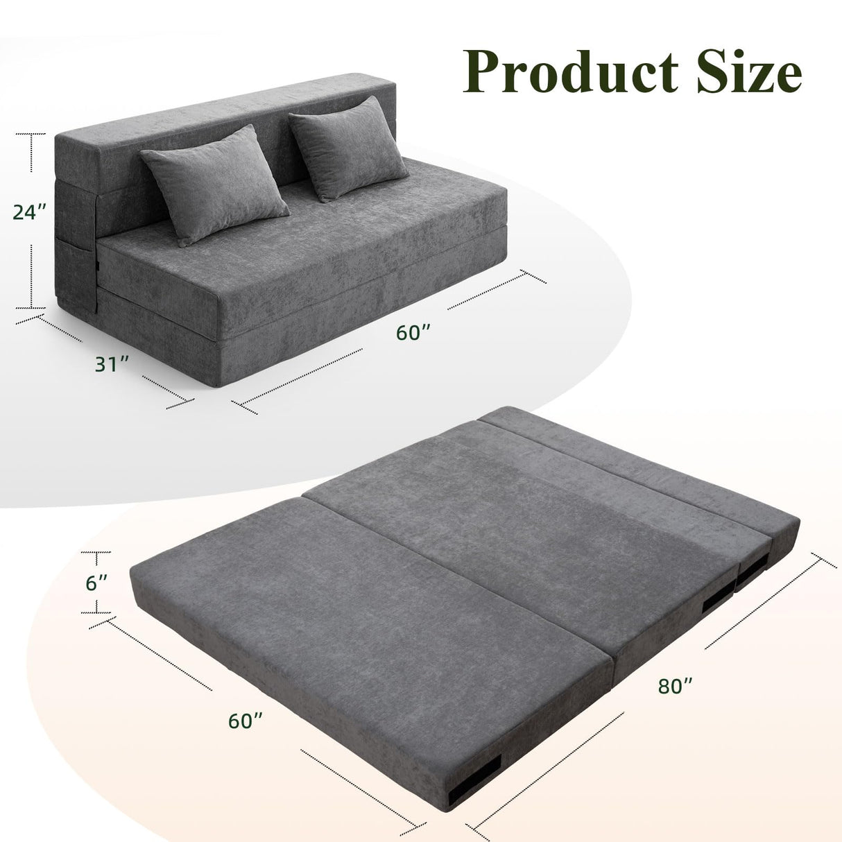 HOMFINE Folding Sofa Bed - Convertible Sleeper Chair with Pillow, Fold Out Couch, Memory Foam Floor Mattress, Futon Couch, Lazy Sofa for Living Room/Dorm/Guest Room/Home Office, Queen, Grey HOMFINE