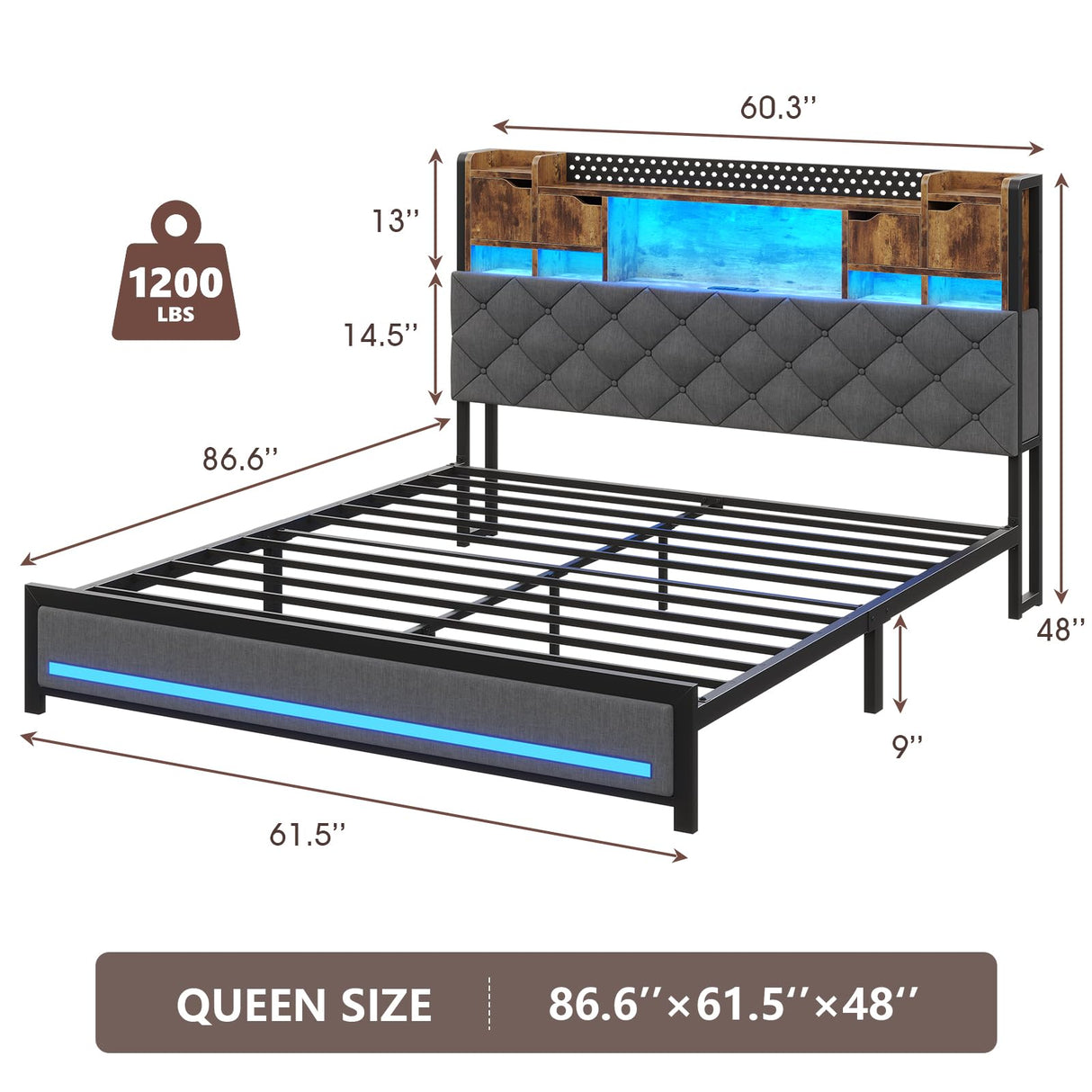 busyaeh King Size Bed Frame with Upholstered Storage Headboard, King Bed Frame with Smart LED Lights, Camas King Bed with Charging Station,Noise-Free, Metal Support, No Box Spring Needed, Gray busyaeh